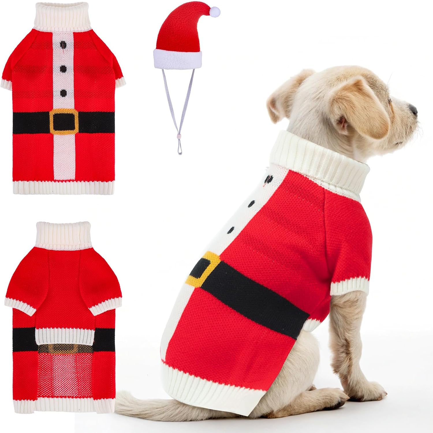 BEAUTYZOO Dog Christmas Sweater for Small Medium Dogs Girls Boys, Dog Santa Claus Costume Outfits with Hat & Leash Hole, Turtleneck Knitted Pullover Xmas Puppy Sweaters Cold Weather Clothes, Red SM