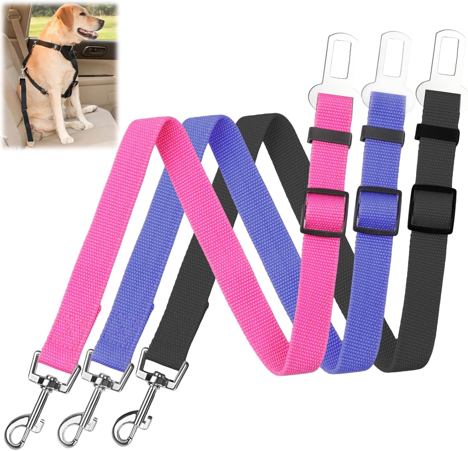 BLMHTWO Dog Seat Belt,3 Piece Adjustable Dog Car Harness Dog Seatbelt Durable Nylon Retractable Pet Seat Belt Dog Accessories Leash Leads Car Vehicle Seatbelt for Dogs Cats and Pets