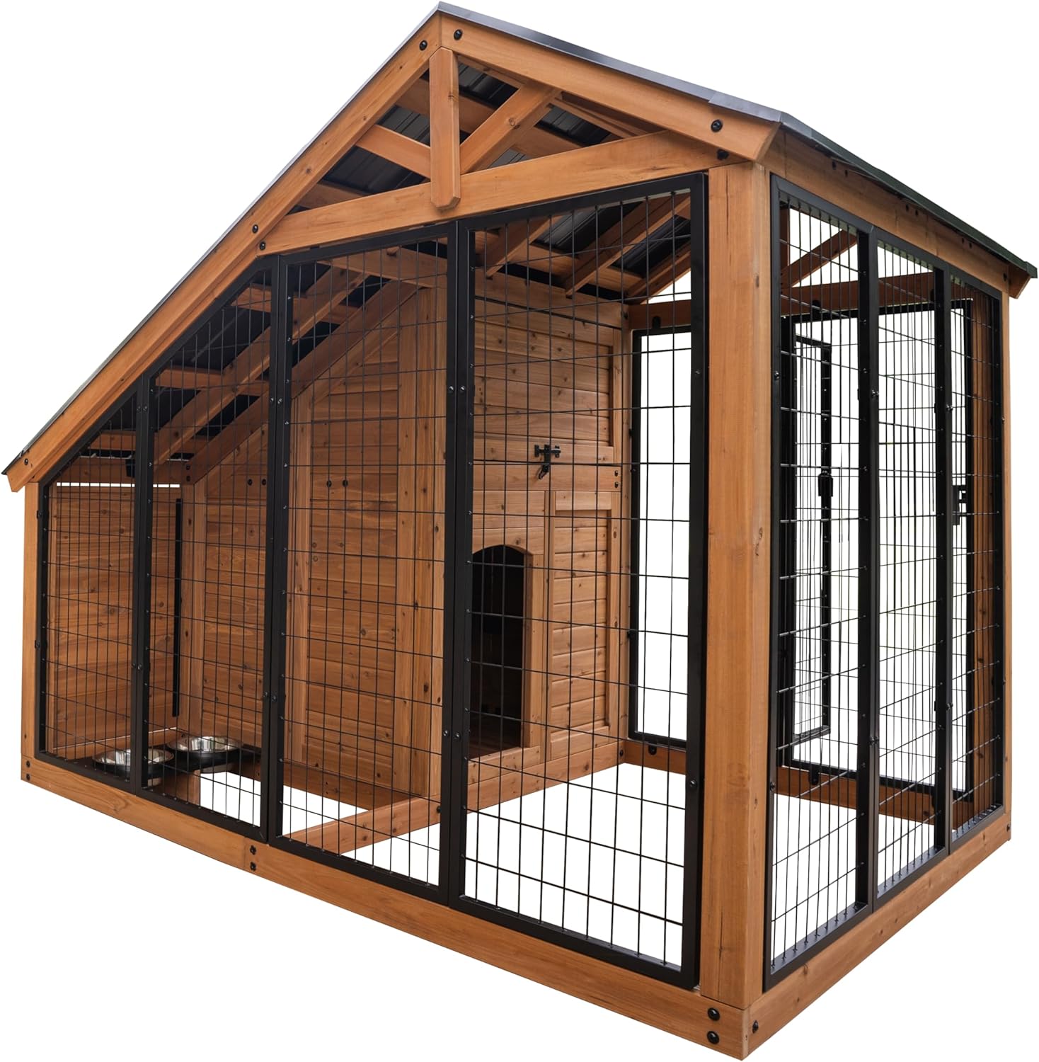 Backyard Discovery 7′ x 5′ Waggin’ Retreat Cedar Wood Large Dog Kennel with Galvanized Steel Roof, Feeding Door, Doghouse Back Door, Water and Food Tray, Secure Lock Gate for Safe Outdoor Pet Shelter