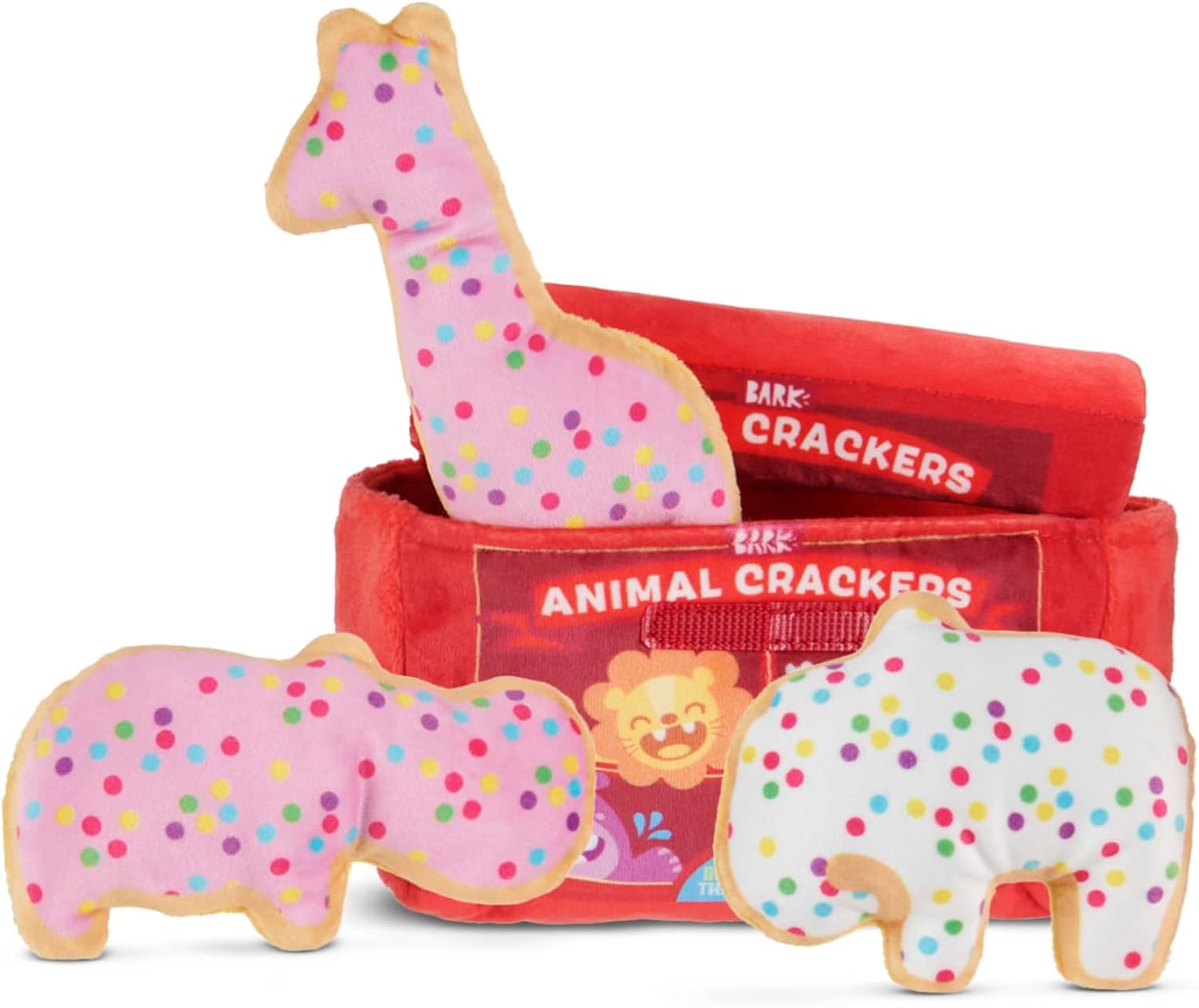 Barkbox Animal Squeakers Multi-Part Dog Toy – 4-in-1 Plush Toy Set with Treat-Hiding Crinkle Box & Three Squeaky Cookies – Fun Play for X-Small to Small Dogs