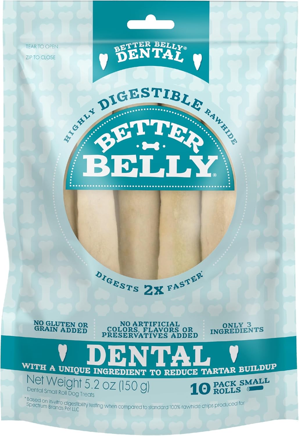 Better Belly Highly Digestible Rawhide Dental Chews, Treat Your Dog to a Chew with NO Artificial Colors or Flavors, 10 Count