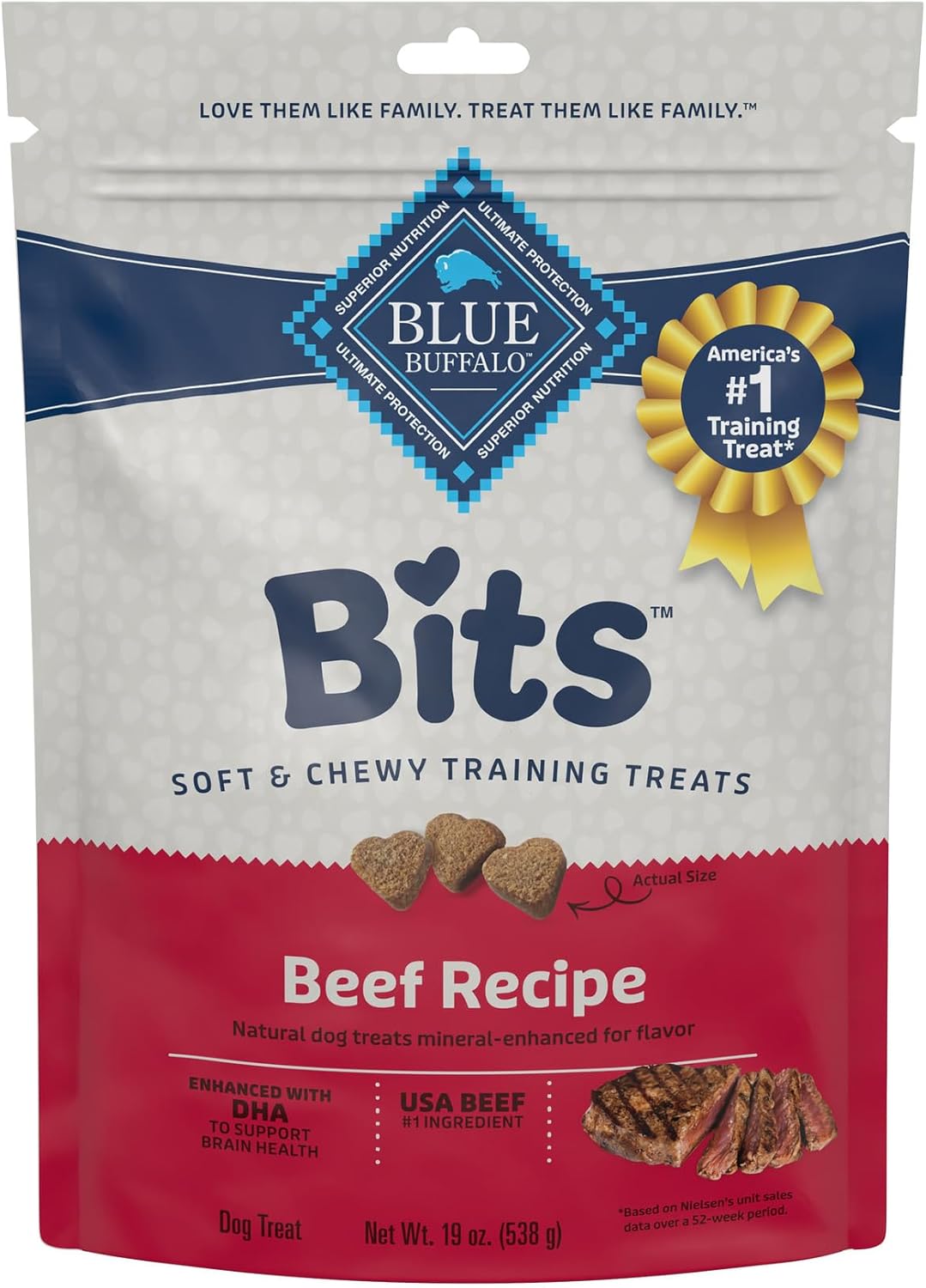Blue Buffalo Bits Soft Dog Treats for Training, Made with Natural Ingredients & Enhanced with DHA, Beef Recipe, 19-oz Bag