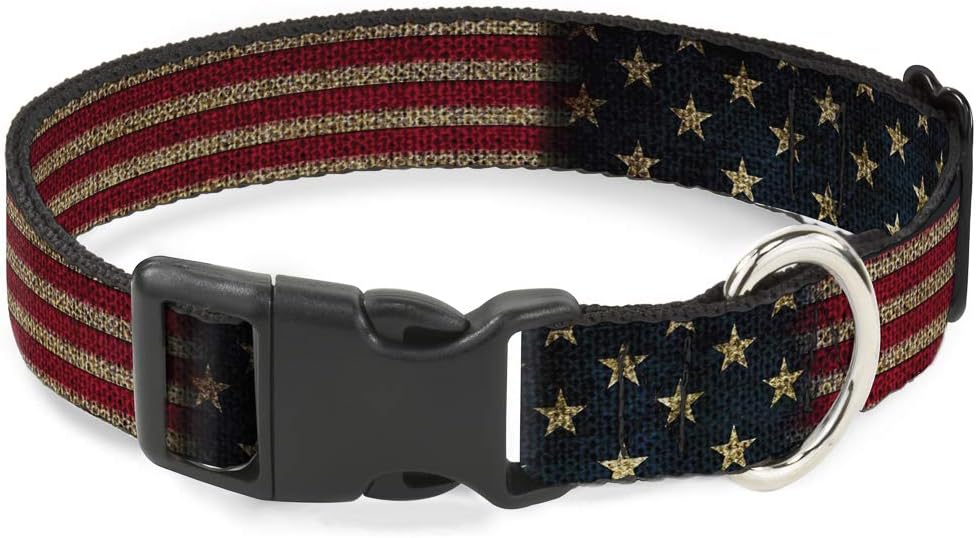 Buckle-Down Plastic Clip Collar – Vintage US Flag Stretch – 1″ Wide – Fits 15-26″ Neck – Large