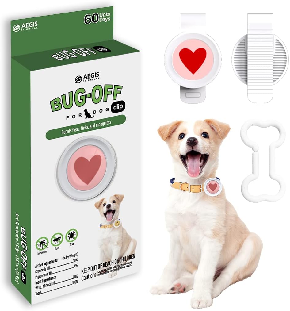 Bug-Off Clip for Dogs, Repels Flea, Tick & Mosquito for 60 Days, Natural Flea and Tick Repellent Collar [Made in Korea] Aegis by KN FLAX (Heart)