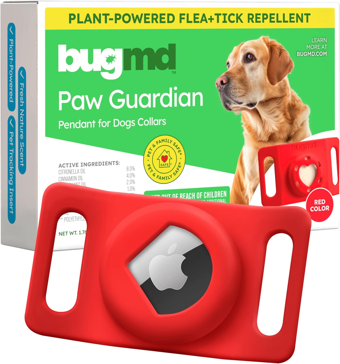 BugMD Paw Guardian Flea and Tick Prevention Pendant for Dogs with AirTag Holder | Plant-Powered Flea & Tick Control for Dog Collars Harnesses | Dog Tag with Air Tag Holder – Red