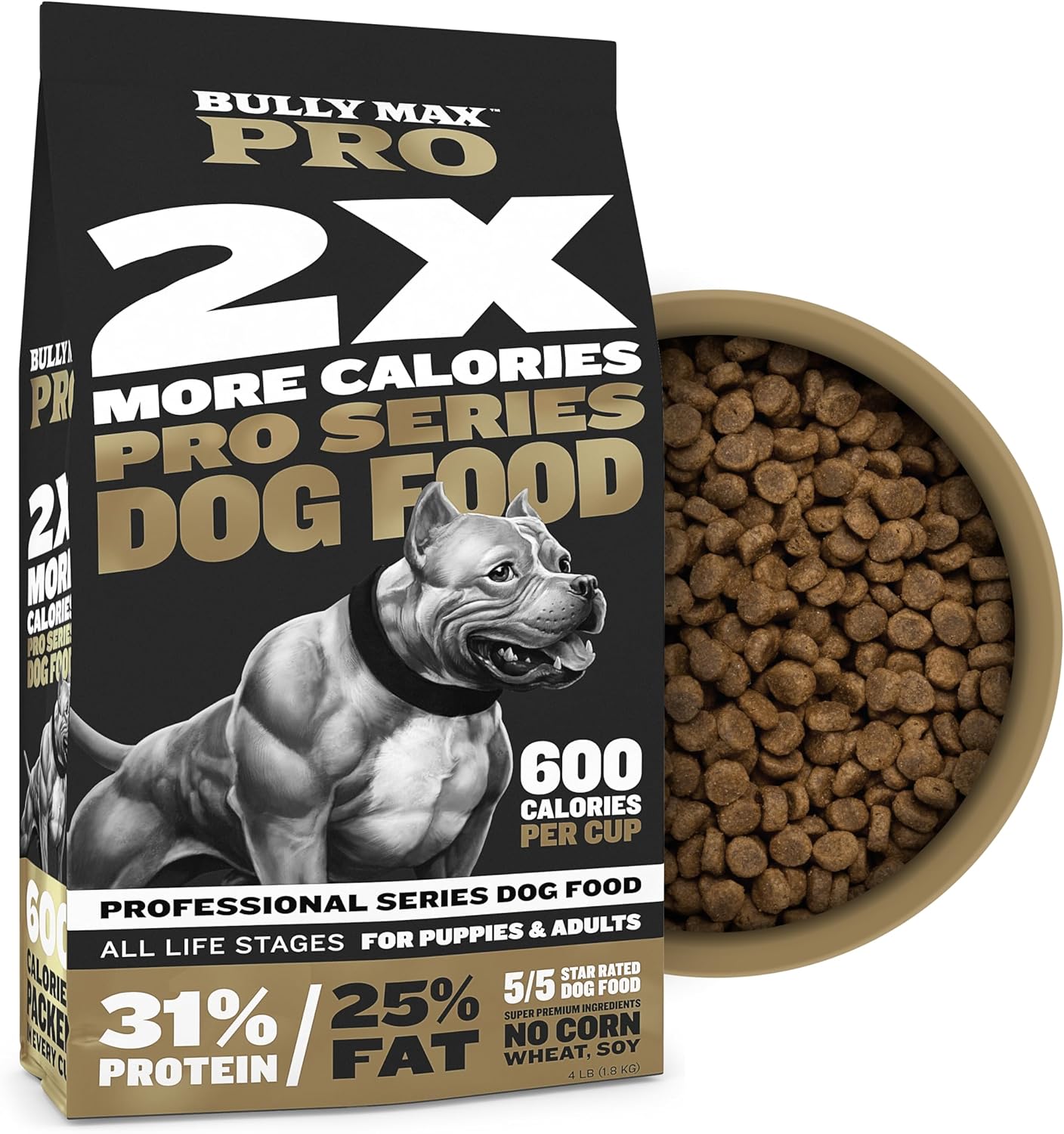Bully Max Pro 2X High Calorie & High Protein Dry Dog Food for Puppy & Adult Dogs – Healthy Weight Gain & Muscle Building for Small & Large Breeds – Slow-Cooked, 600 Calories/Cup, Chicken Flavor, 4lb.