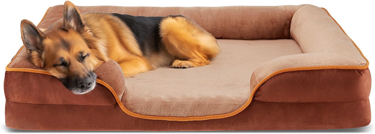 DUMOS Orthopedic Dog Bed for Large Size Dogs, Supportive Memory Foam Dog Sofa with Washable Removable Cover Non-Slip Base Waterproof Pet Couch Bed, Brown, 35″ L x 25″ W x 6.5″ Th