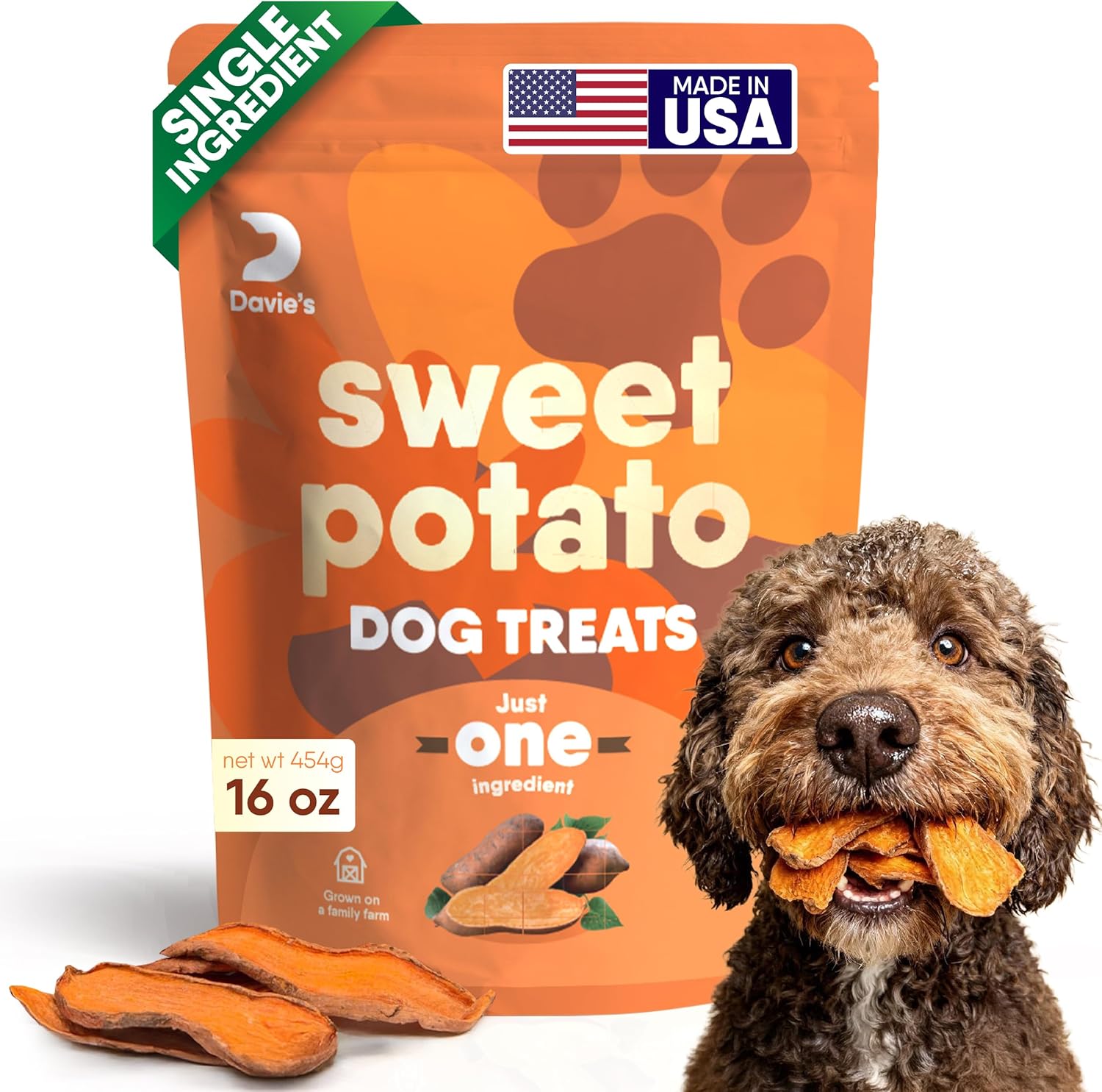 Davie’s Sweet Potato Dog Treats – Healthy, Natural Dog Chews, Low Fat, 1 lb. Bag
