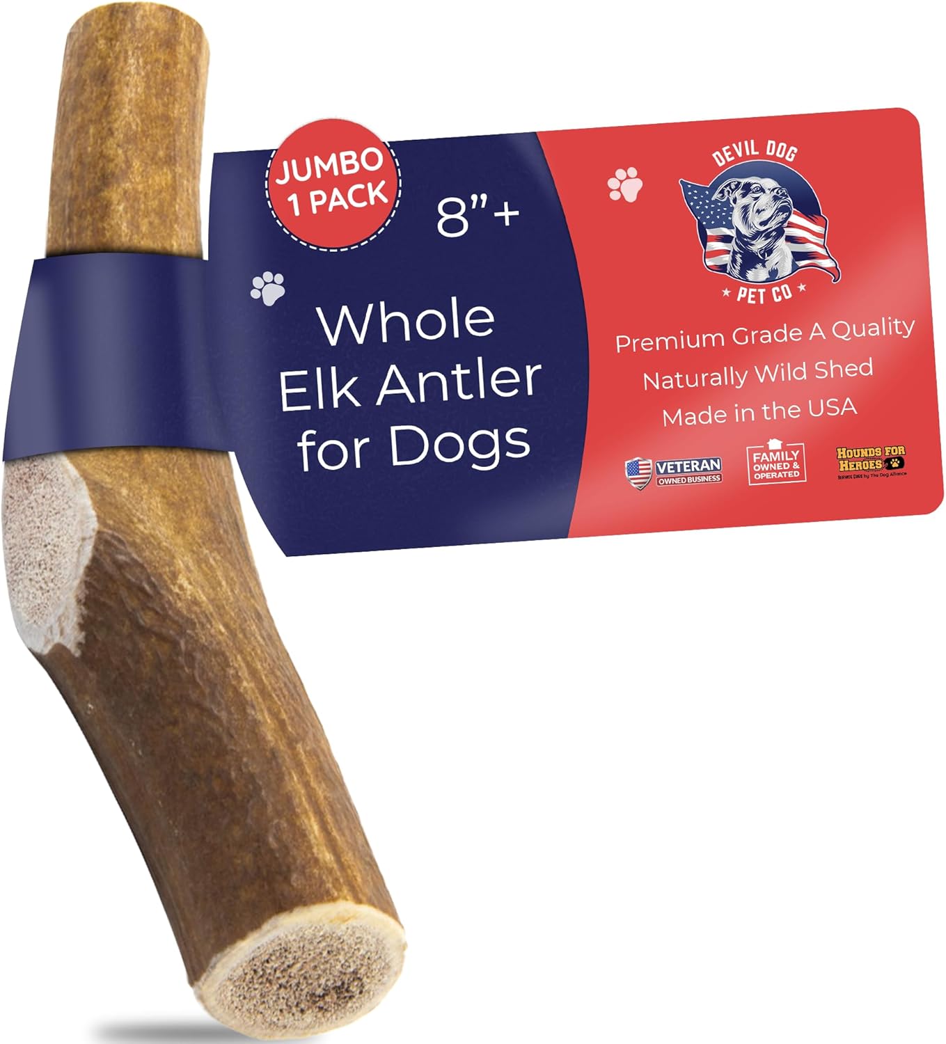 Devil Dog Pet Co. Elk Antlers for Dogs, Jumbo 8″+, 1 Pack, Grade A Long Lasting Chew for Aggressive Chewers, Premium USA Naturally Shed Antler – Healthy, No Odor, Durable Dog Chew