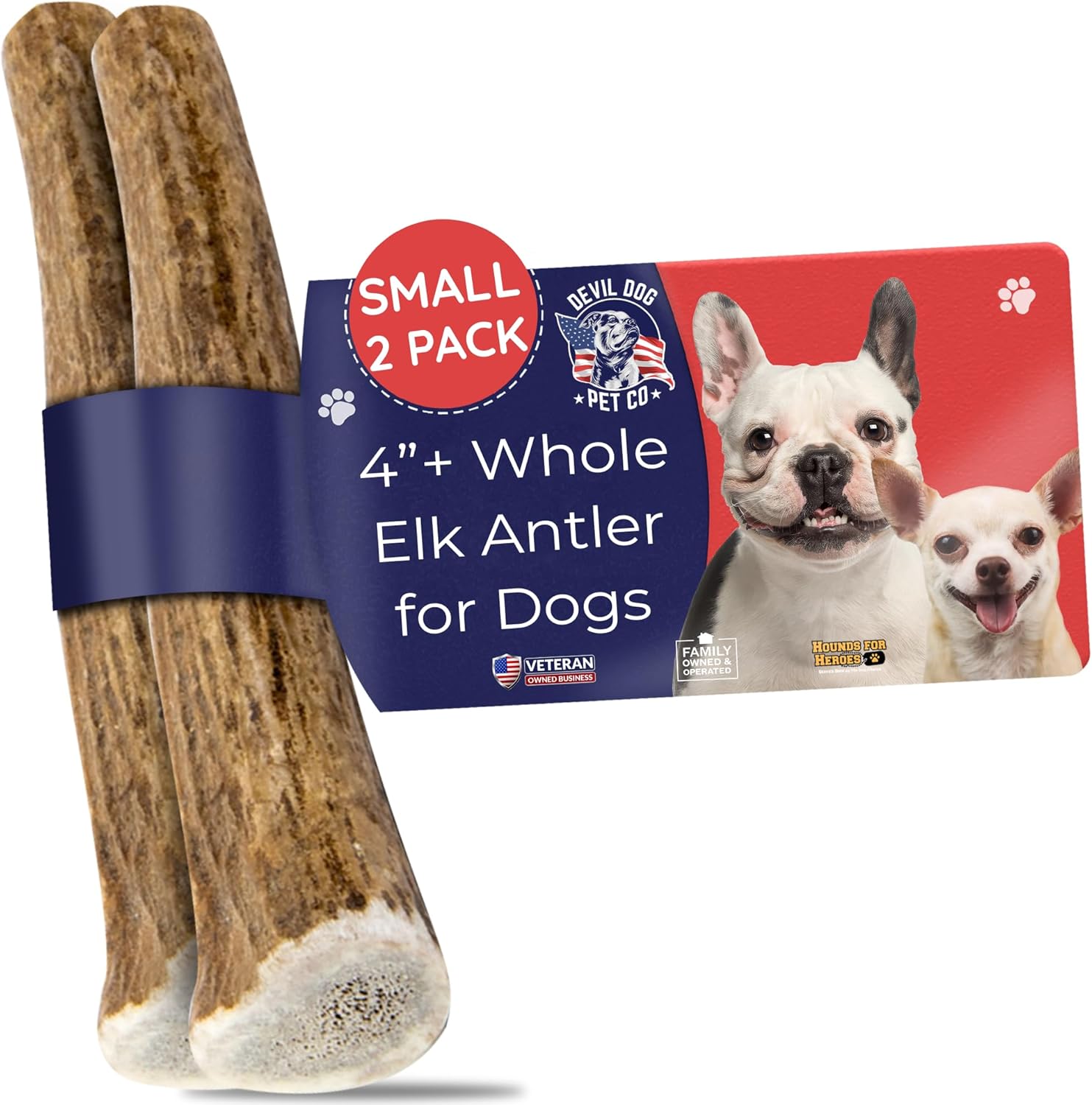 Devil Dog Pet Co. Elk Antlers for Dogs, Small 4″+, 2 Pack, Grade A Long Lasting Chew for Aggressive Chewers, Premium USA Naturally Shed Antler – Healthy, No Odor, Durable Dog Chew