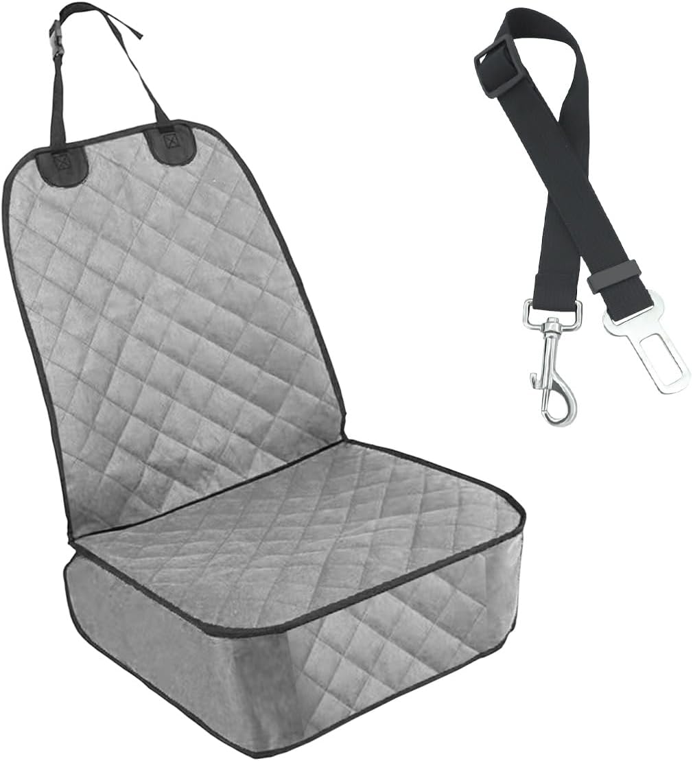 Dog Car Front Seat Cover with Side Flaps, Waterproof & Scratch Proof Car Seat Protector for Dog, Nonslip Pet Car Seat Pad with Safety Belt, Fit for Most Cars SUVs Trucks Jeeps (Grey)