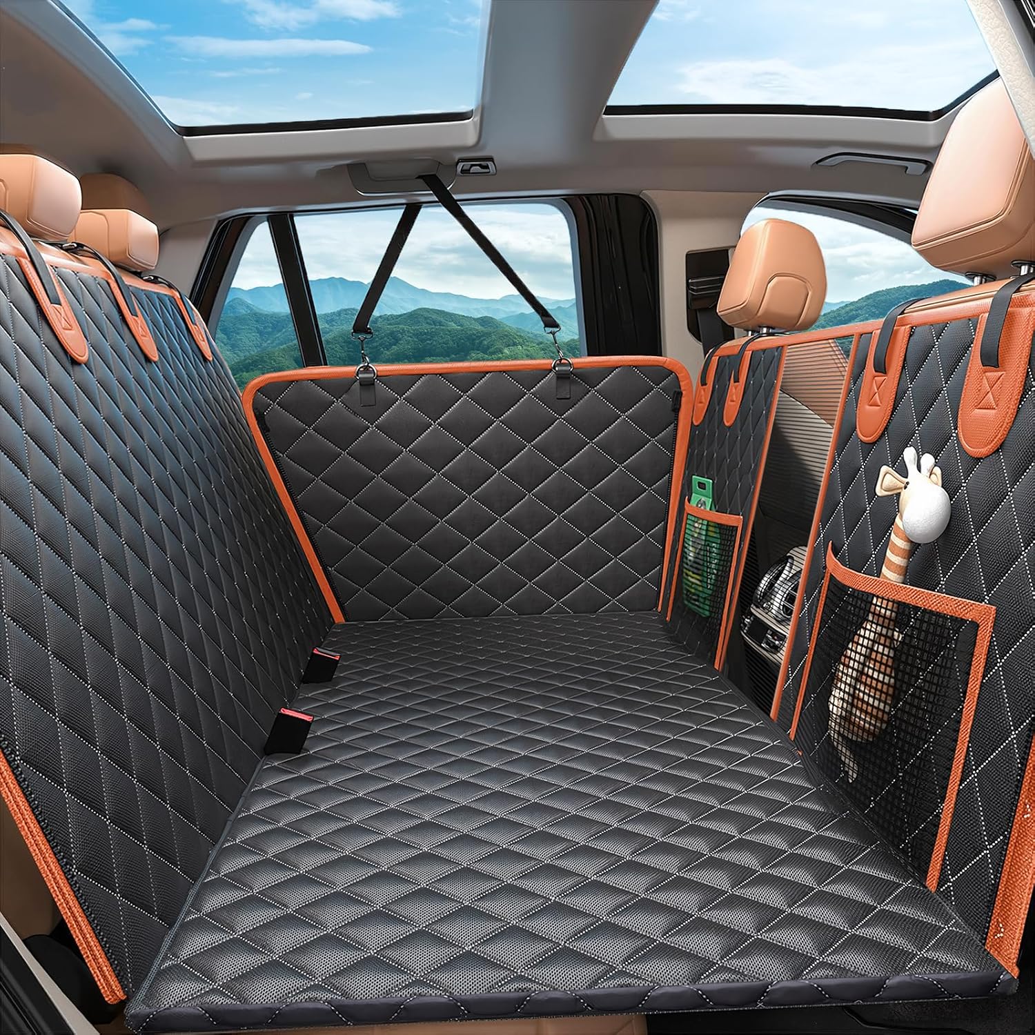 Dog Car Seat Cover for Back Seat, Hard Bottom Holds 500lbs, Waterproof Sturdy Anti Scratch Back Seat Pet Cover for Dogs with Mesh Window & Storage Bag & Dog Safety Belt, for Car SUV Small Truck