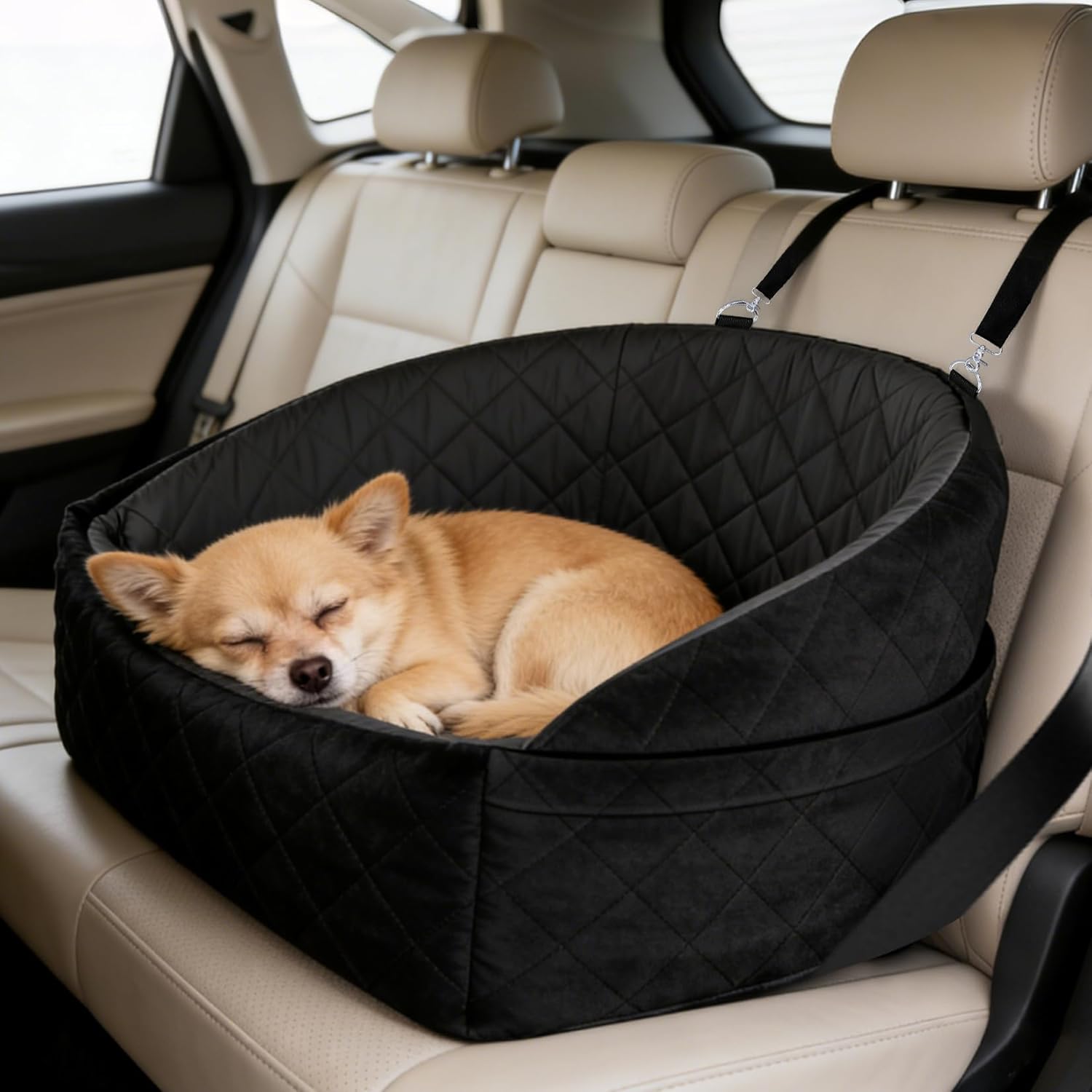 Dog Car Seat for Small Dogs up to 30 lbs, Versatile Travel Bed Booster for Car Front/Back Seats, Fully Detachable & Washable, with 2 Storage Pockets (Black/Gray)