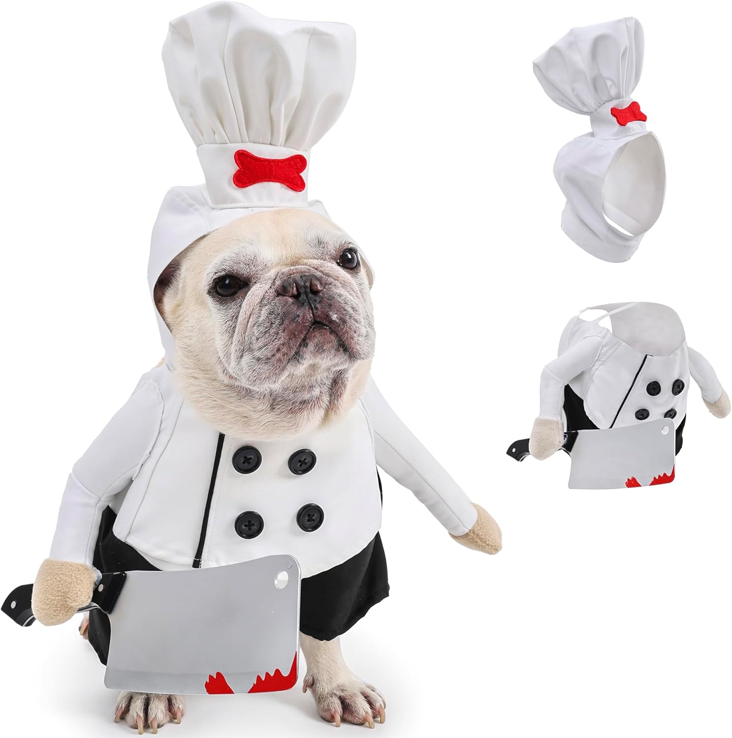 Dog Chef Costume – Halloween Scary Dog Costume with Knife and Hat, Pet Murderer Costumes Killer Cosplay Outfit with Arms, Trimmable Hook & Loop Fastener for Fitting Small Medium Large Dogs