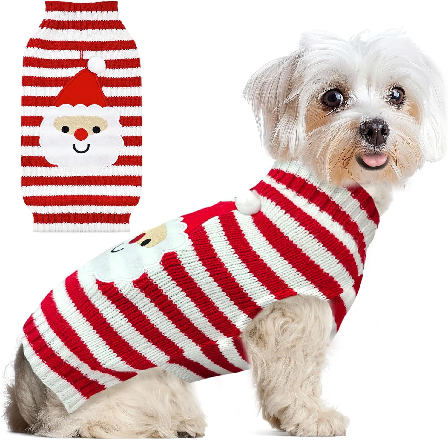 Dog Christmas Sweater Cute Striped Santa Xmas Dog Cat Outfit New Year Holiday Costumes Puppy Cat Sweater with Leash Hole for Small Medium Large Dogs Girl Boy Turtleneck Winter Warm Pet Clothes