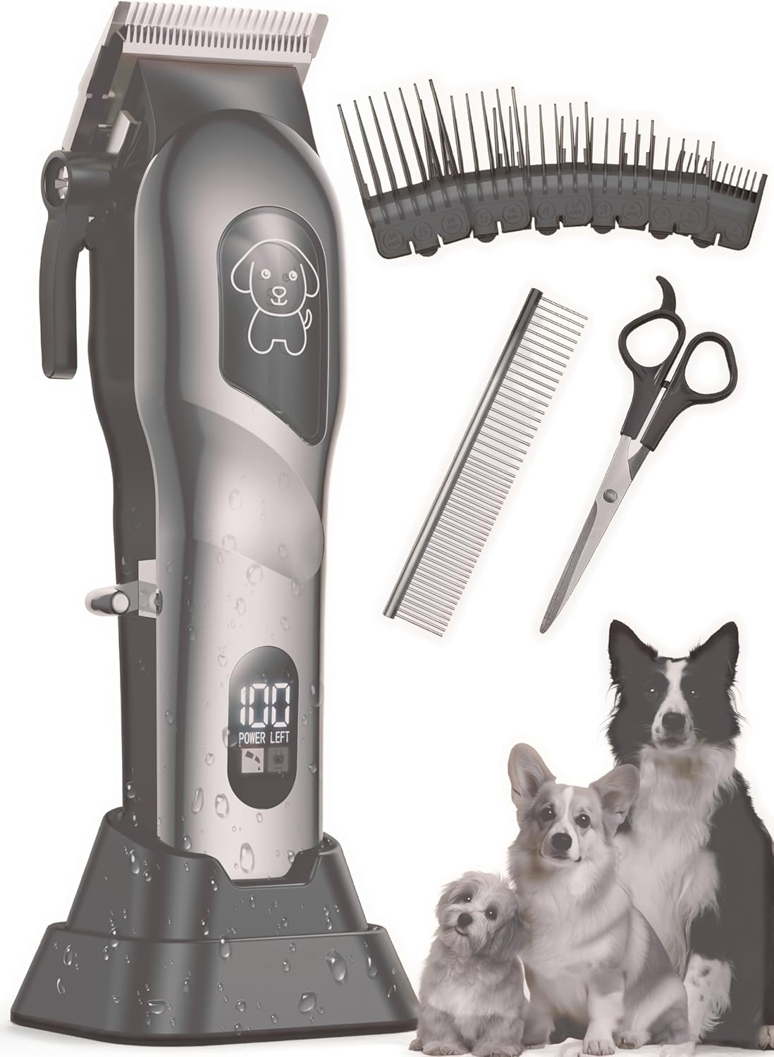 Dog Grooming Kit, Dog Clippers for Grooming for Heavy Thick Hair, Low Noise Cordless Pet Hair Trimmer with Stainless Steel Blade, Professional Rechargeable Hair Trimmer for Dogs and Cats Sliver-02