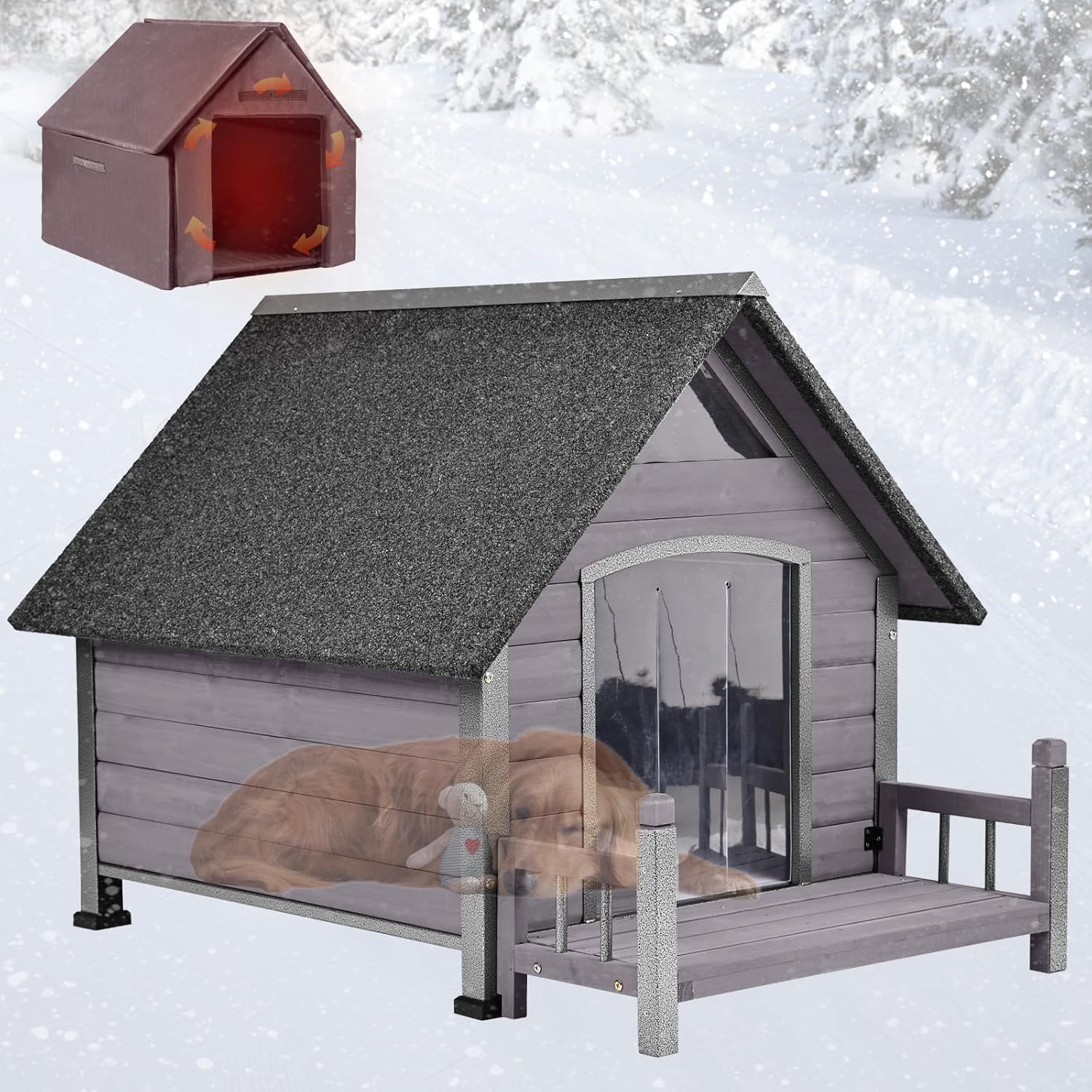 Dog House Outdoor, Insulated Dog Kennel Outside for Large Breed, 50.87″ L Weatherproof Large Dog Shelter with Anti-Chewing Iron Frame (Grey, 45″ D x 32.9″ W x 32.6″ H)