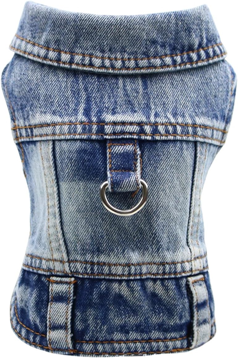 Dog Jean Jacket, Blue Denim Shirt Classic Lapel Vest Coat Costume Puppy T-Shirt, Comfort Tank Top Cool Apparel, Washed Pet Clothes for Dogs Boy Girl (with D-Ring, Small)
