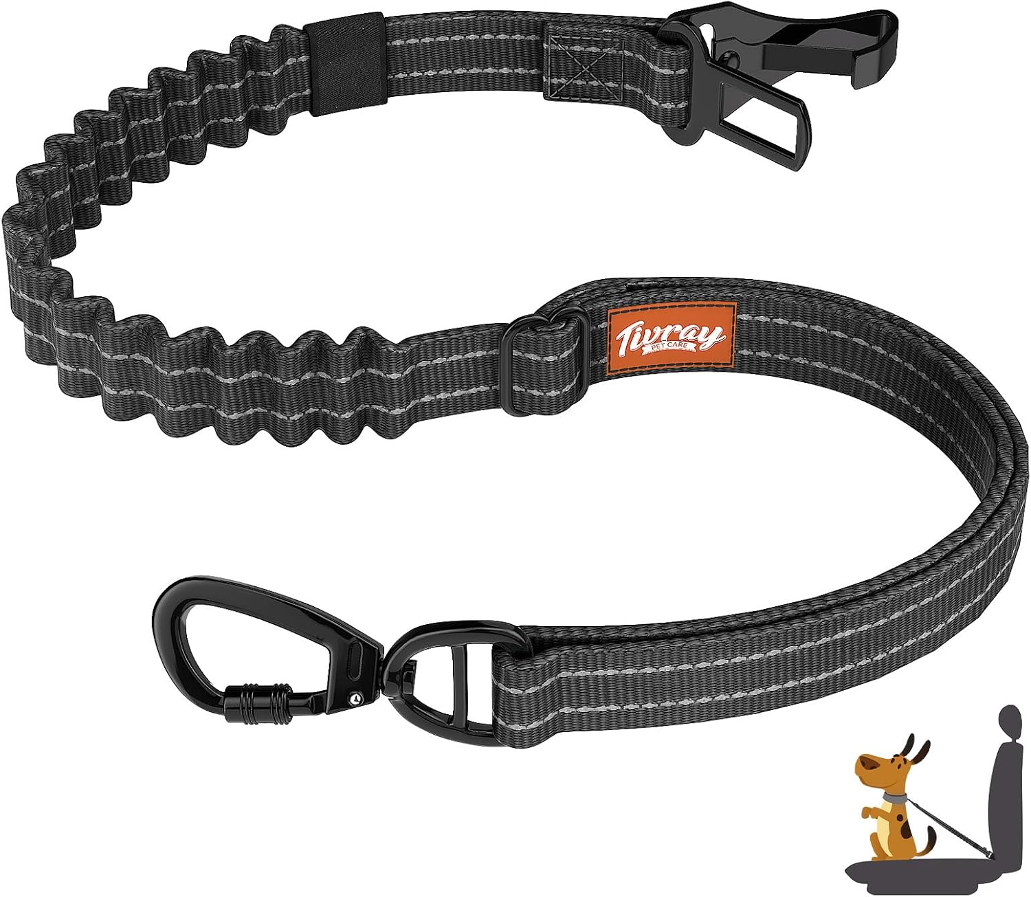 Dog Seat Belt, Dog Car Seat Belt Bungee, Car Harness for Pet with Buckle & Hook Latch, Safety Leash Vehicle, Adjustable Reflective Pet Vehicle Tether, 360° Swivel Lock Clasp, Black