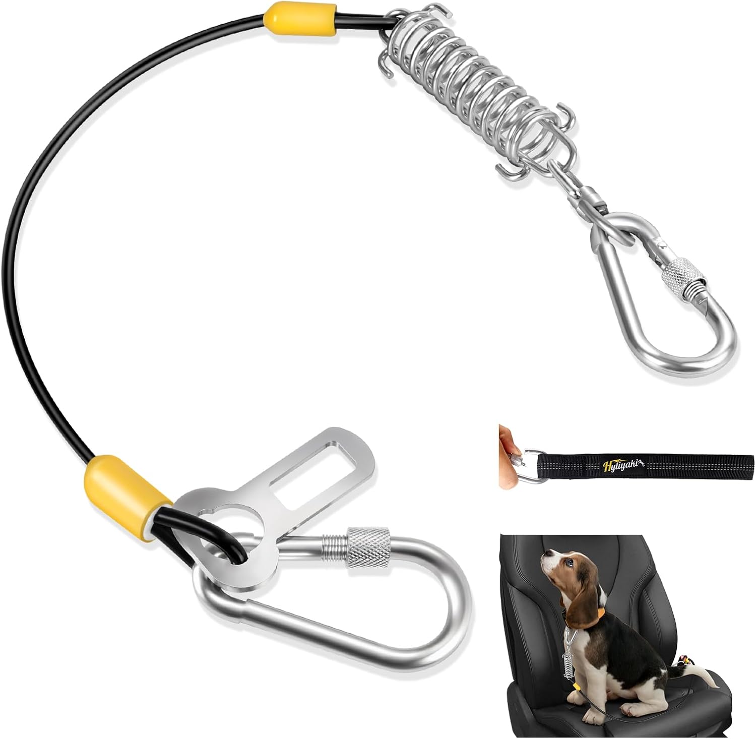 Dog Seat Belt Harness for Car, 5-in-1 Coated Wire Dog Seatbelt, HYLIYAKI Shock Spring-Loaded No Chew Pet Dog Car Seatbelt Leash, with Removable Reflective Short Leash(Black, 24 inch/60 CM)