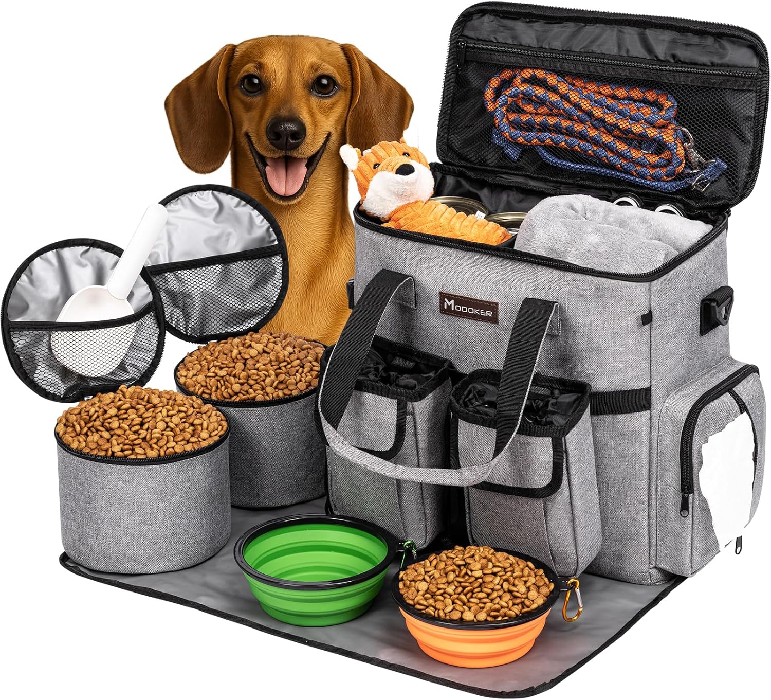 Dog Travel Bag, Airline Approved Pet Travel Bag with 2 Dog Treat Training Pouches for Weekend Pet Travel Supplies & Accessories, Light Grey