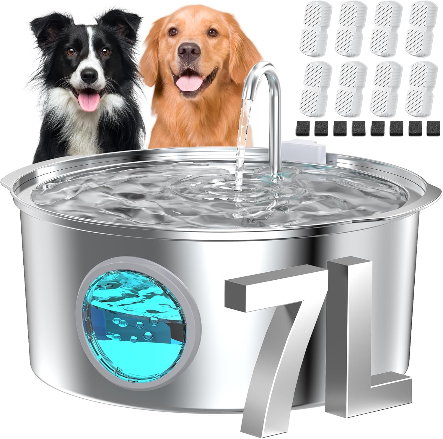 Dog Water Fountain for Large Dogs: Big Cat Water Fountain Stainless Steel -1.8Gal/7L Big Quiet Cats Water Bowl Dispenser- Pet Water Fountains for Dogs – 8 Filters + 8 Sponge Filters – GROOKPET