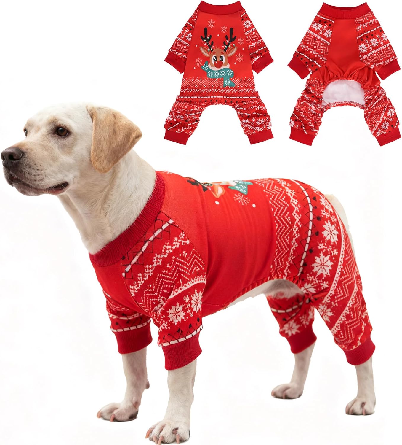 EXPAWLORER Dog Christmas Pajamas for Small Medium Large Dogs, Pet Holiday Onesie Costume, Warm Soft Lightweight Stretchy Xmas Outfit Winter Clothes Sweater Jumpsuit Pjs for Puppy Cats Boys & Girls XL