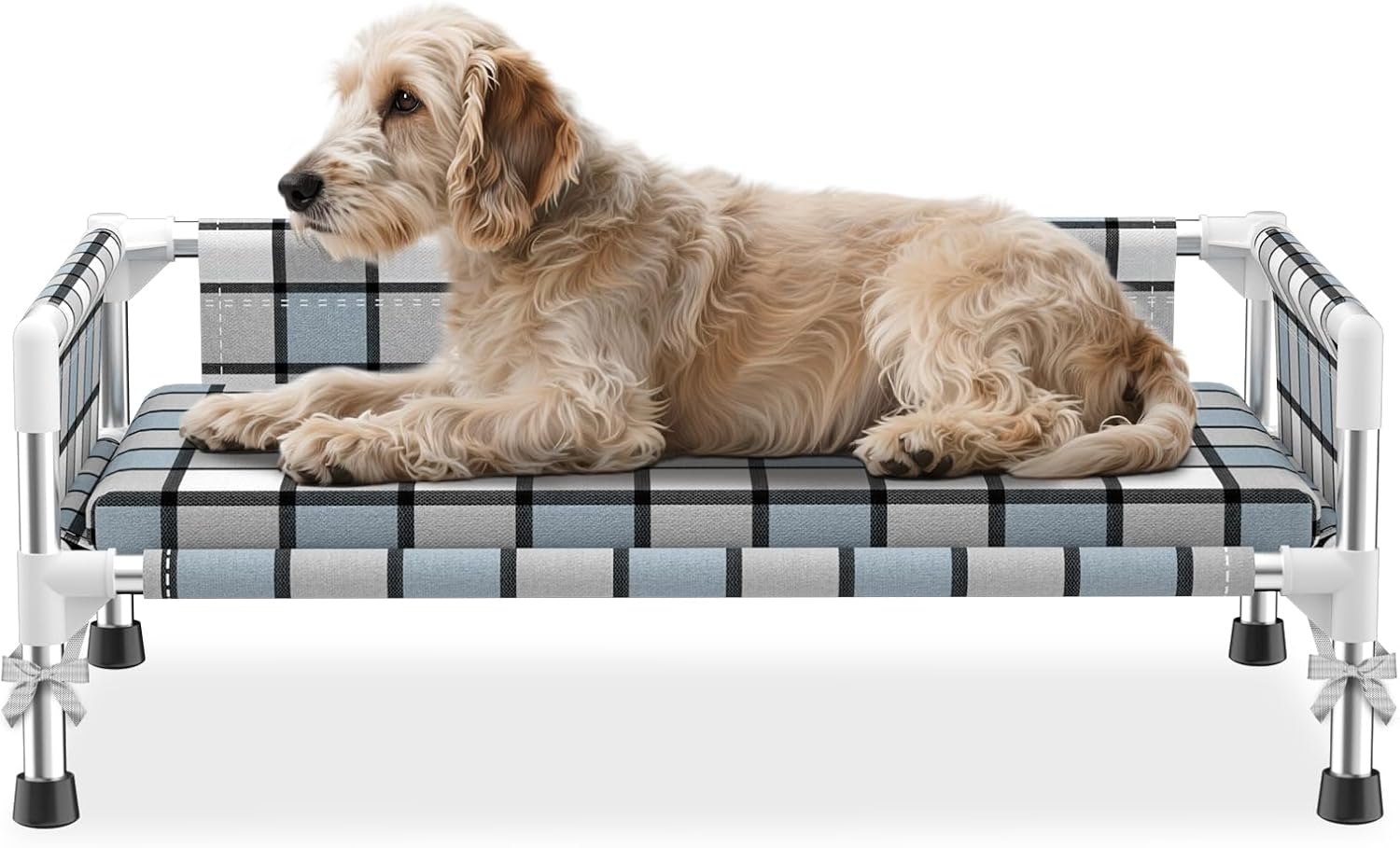 Elevated Raised Outdoor Dog Bed – Cooling Washable Dog Cot with Guardrail, Durable & Breathable Cotton Mesh Pet Hammock Beds with Stainless Steel Pipe Frame for Small Pets (Cushion-(M-))