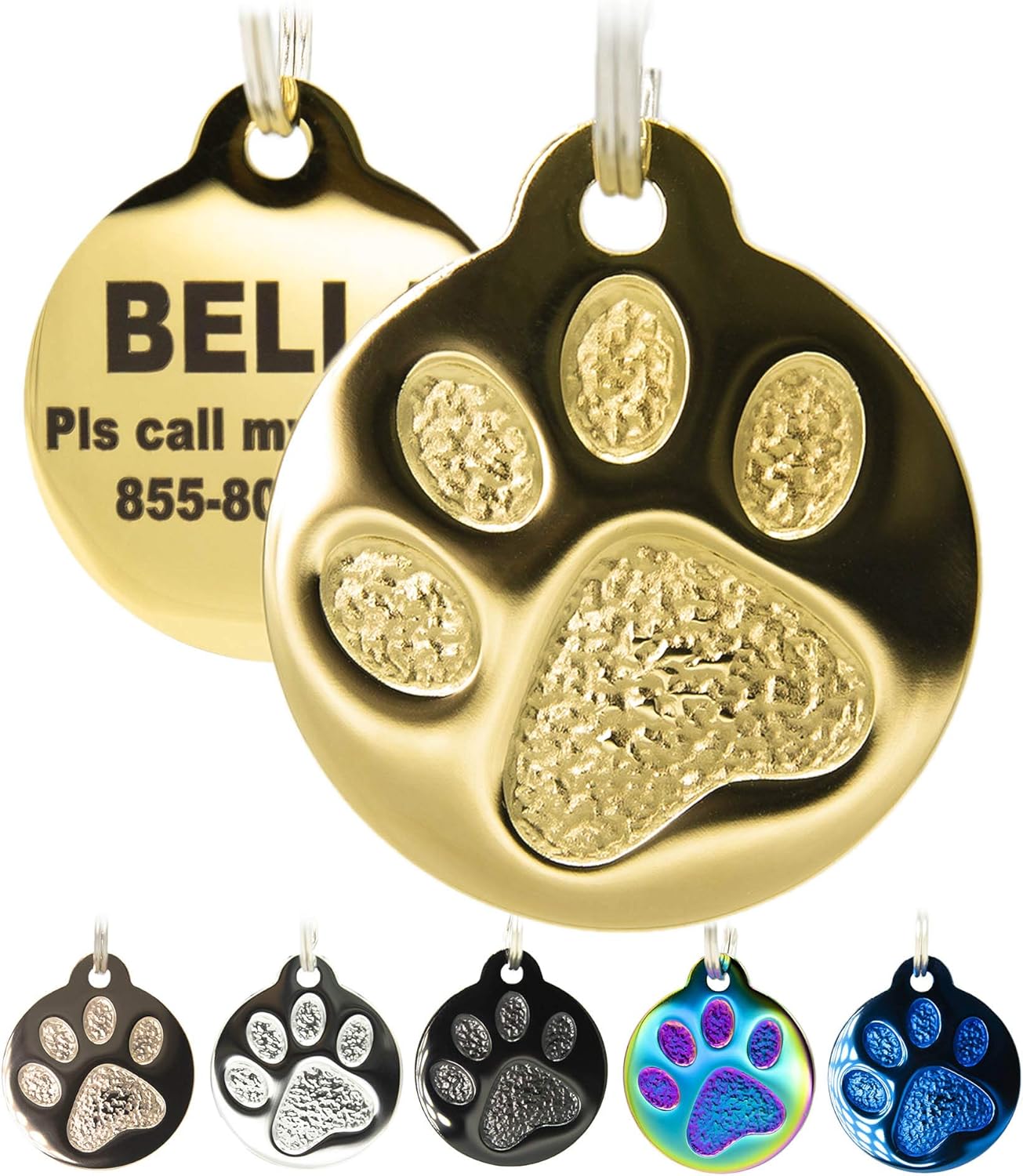 Engraved Pet Tag for Dogs and Cats – Personalized Front & Back up to 8 Lines of Text Custom Engraved ID, Round Paw Print Solid Plating Stainless Steel in 5 colors: Gold, Rose Gold, Blue, Black, Nebula