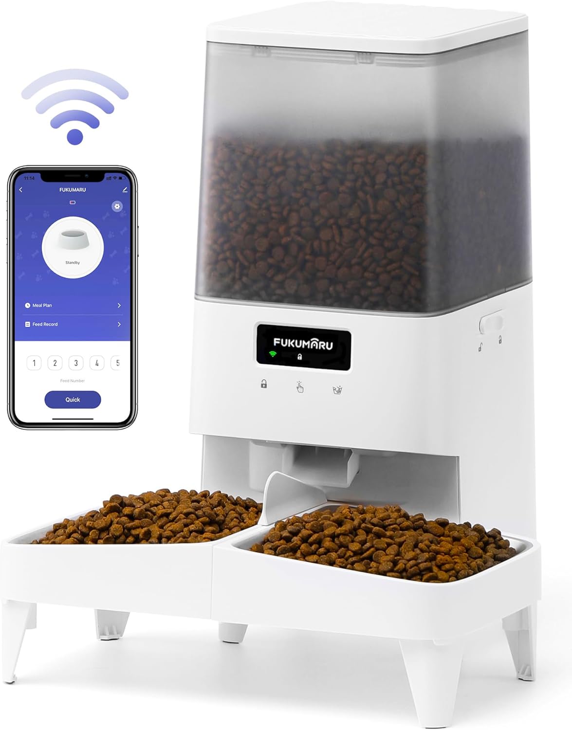 FUKUMARU Automatic Cat Feeder, WiFi Automatic Dog Feeder with Freshness Preservation, 5L Timed Cat Food Dispenser with Elevated Bowls, Up to 10 Meals Per Day