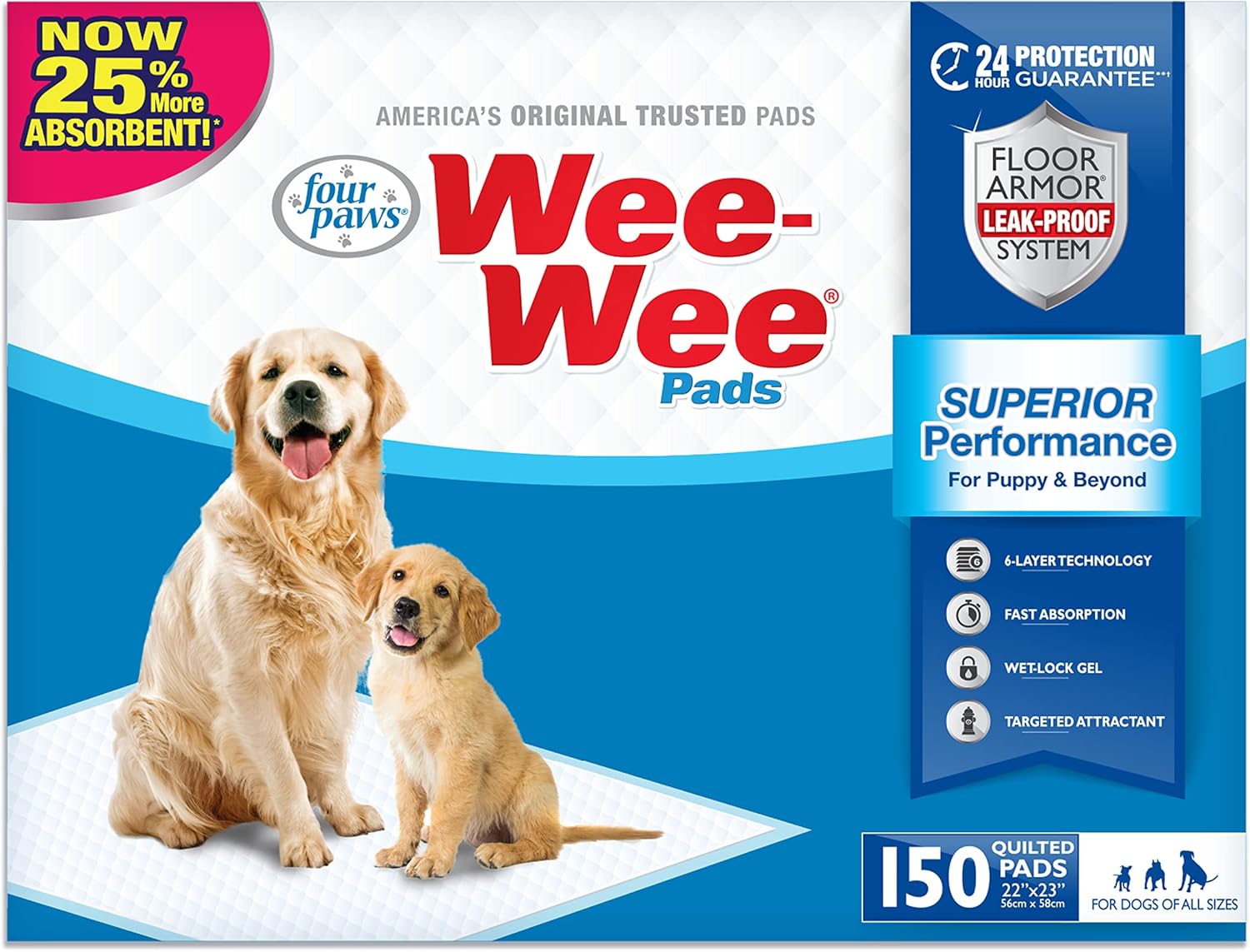 Four Paws Wee-Wee Superior Performance Unscented Pee Pads for Dogs & Puppies, Quilted Leak-Proof Dog Housebreaking Potty Training Floor Protection, 22″ x 23″, 50 Count