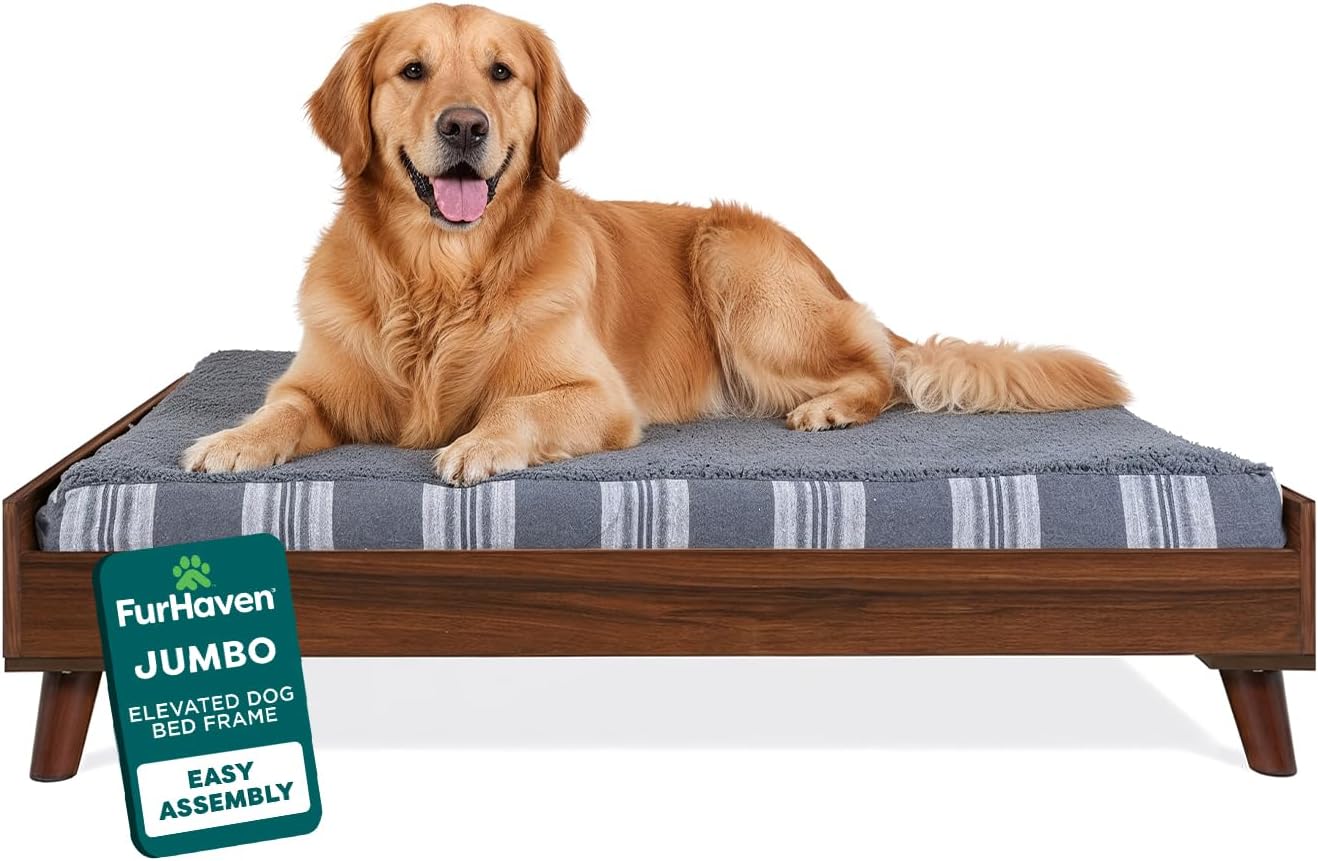 Furhaven (Old Version) Elevated Dog Bed Frame for 44″ x 35″ XL Dog Beds, Easy Assembly – Mid-Century Modern Bed Frame – Walnut, Jumbo/XL