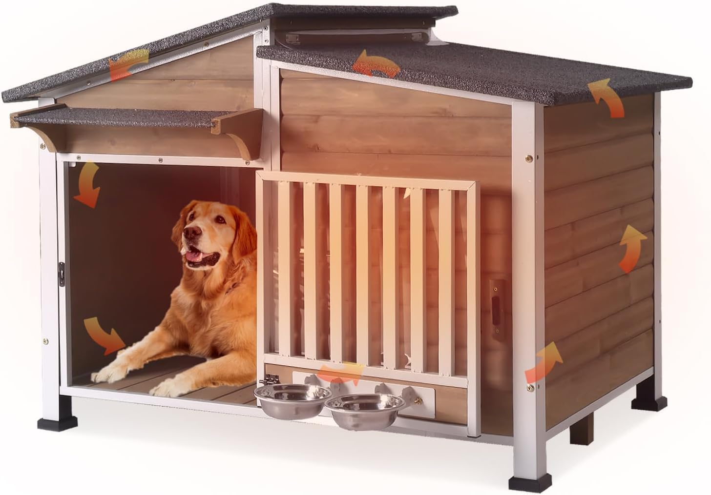 GUTINNEEN Large Insulated Dog House Outdoor Weatherproof Dog Kennel Shelter with Chew-Proof Full Metal Frame, 360° Rotatable Spill-Proof Bowl, Openable Roof for Large Dog Breeds, 39.7″ L x 25.5″ D
