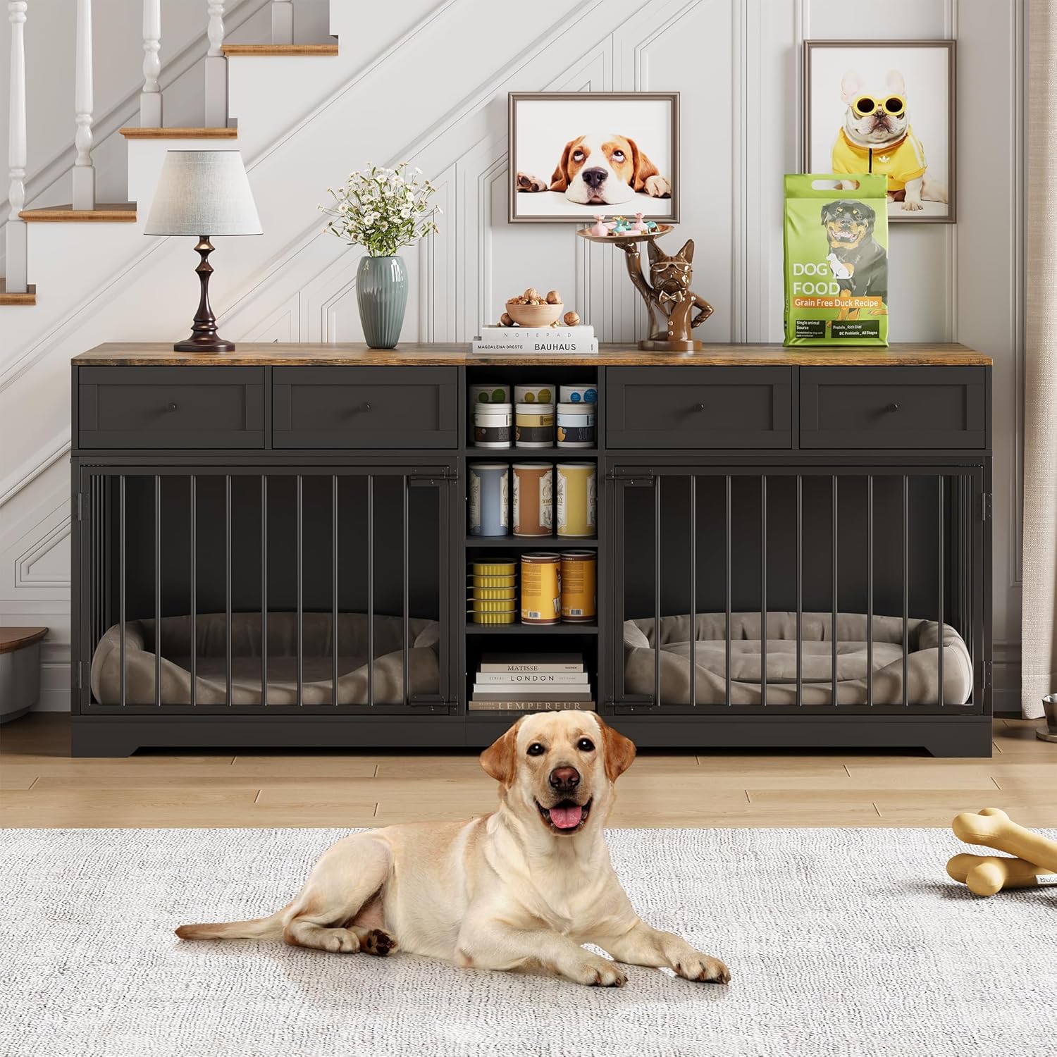 GarveeHome 82” Double Dog Crate Furniture, Large Dog Kennel Indoor for 2 Dogs, Heavy Duty Wooden Dog Crate TV Stand with 4 Drawers and Shelves, Black