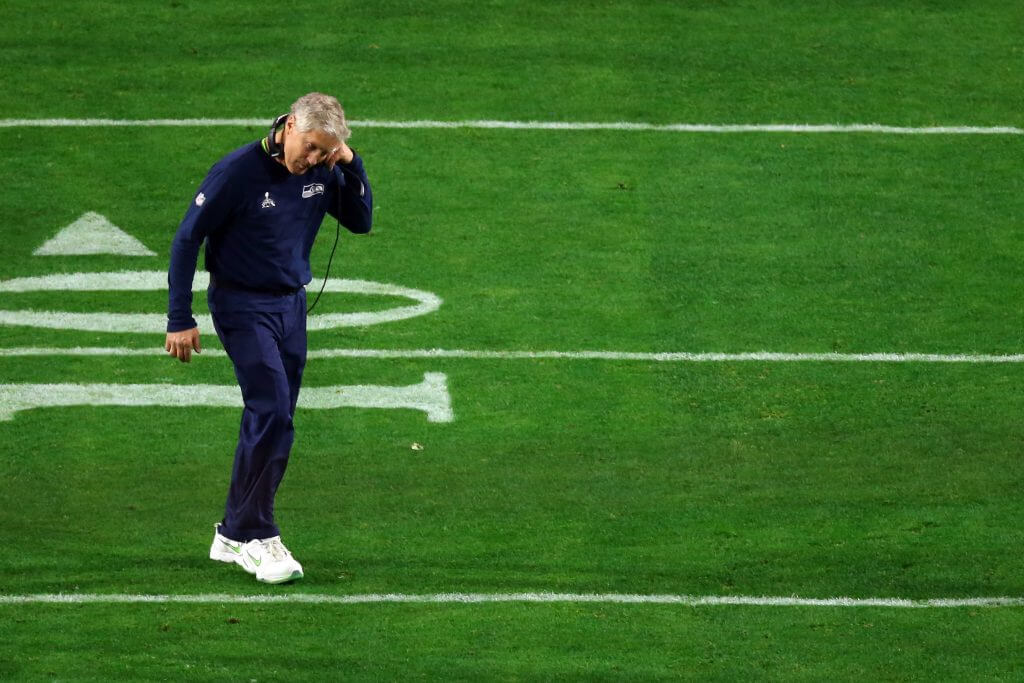 Seahawks head coach Pete Carroll looks dejected after a Super Bowl loss to the Patriots. 