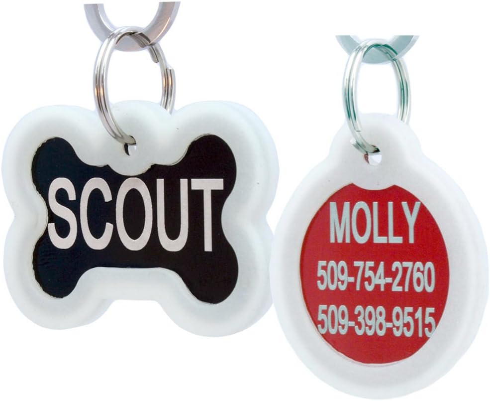 GoTags Personalized Pet ID Tags for Dogs and Cats, Includes Glow in The Dark Silencer to Protect Tag and Engraving, No Noise, Quiet Tags, Front and Backside Engraving, Bone