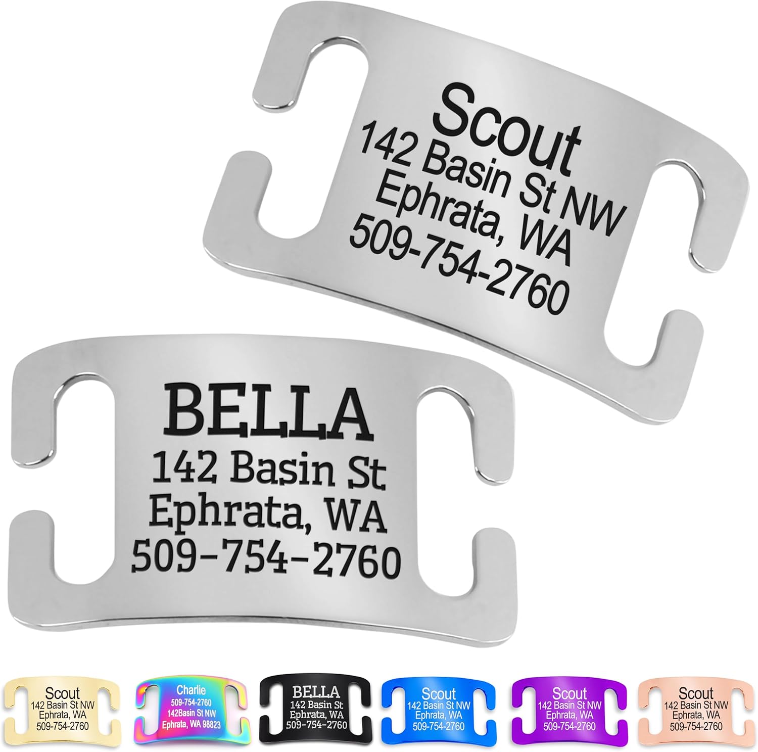 GoTags Slide-On Pet ID Tags, Personalized Dog and Cat Collar Tags, Silent, No Noise Tags Made of Stainless Steel, Custom Engraved