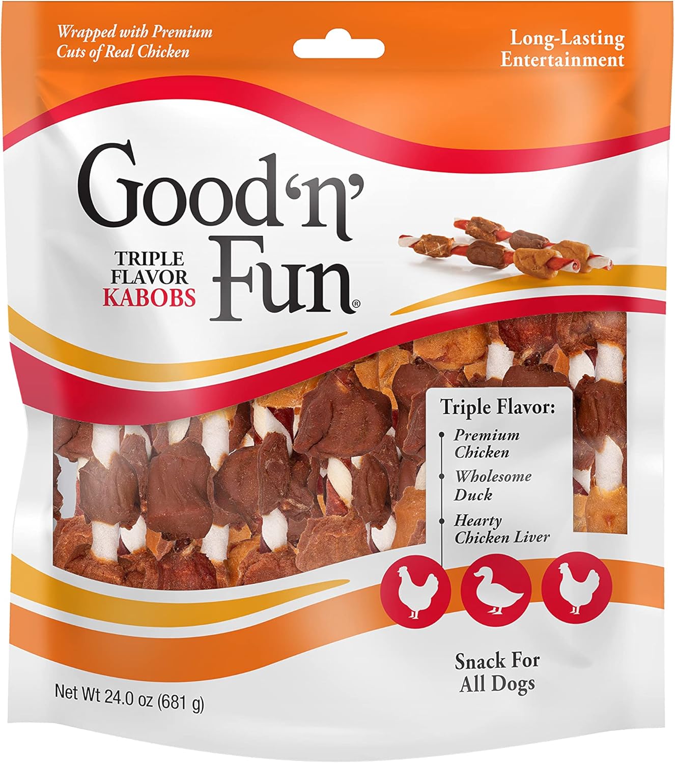 Good ‘n’ Fun Triple Flavor Kabobs Chews for All Dogs, 24 Ounces, Treat Your Dog to Long-Lasting Chews Made from Beef Hide, Real Chicken, Pork Hide, Duck and Chicken Liver