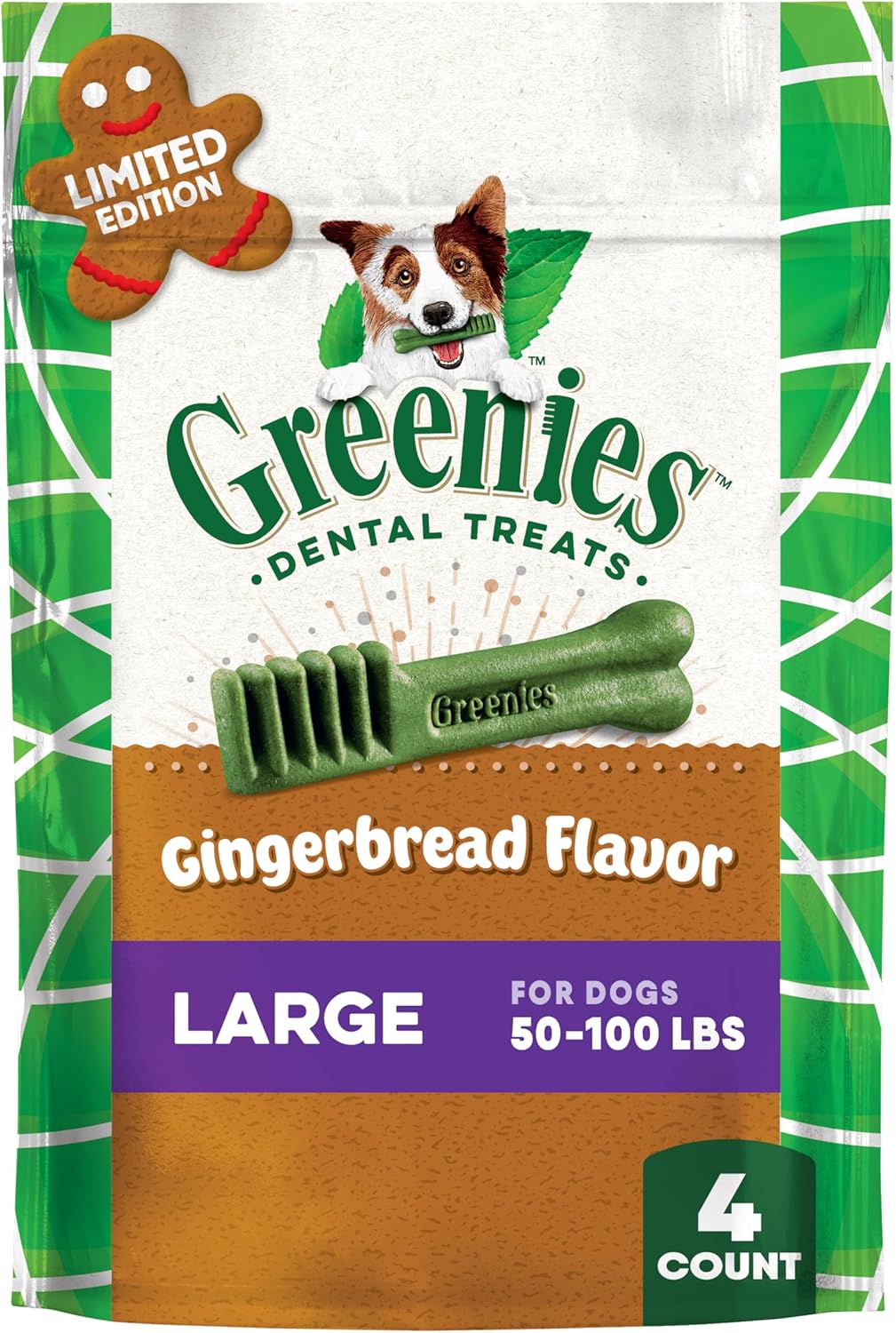 Greenies Veterinarian-Recommended, Limited-Edition Natural Dental Dog Treats Large Size, Gingerbread Flavor, 6 oz. Pack, 4 Count