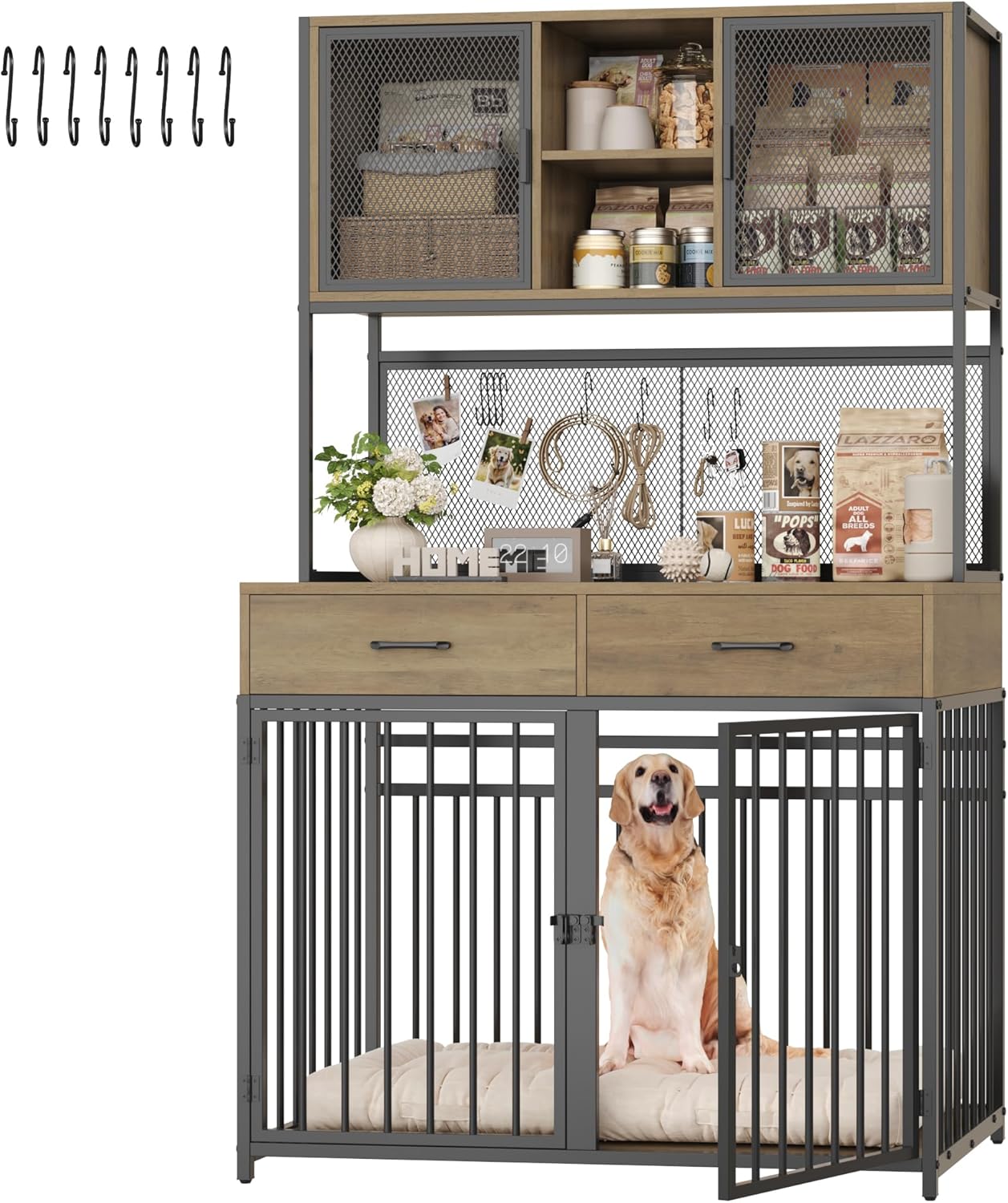 HITHOS 71″ Tall Dog Crate Furniture, Indoor Dog Kennel with Hutch, 42″ W Dog Cage for Large/Medium Dogs, Wood Dog Crates with 2 Storage Drawers, Heavy Duty Pet House, Rustic Brown