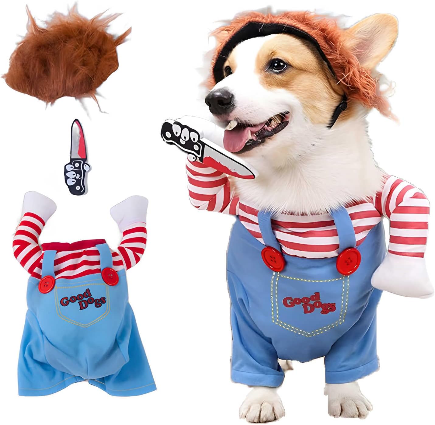 Halloween Dog Costumes with Wig & Knife, Cute Pet Deadly Dog Cosplay Costume for Small, Medium, Large Dogs & Puppies