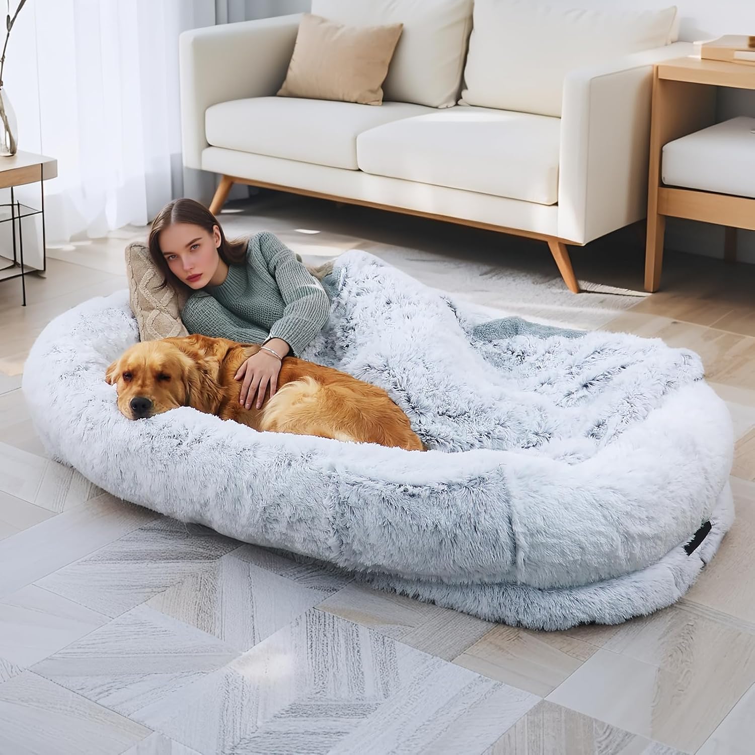 Human Dog Bed, 71”x45”x12” Size Fits Adult and Pet Washable Giant People DogBed 10 CM Thick Memory Foam Large Oversize Dog Bed with Plump Pillow, Blanket, Strap – Grey