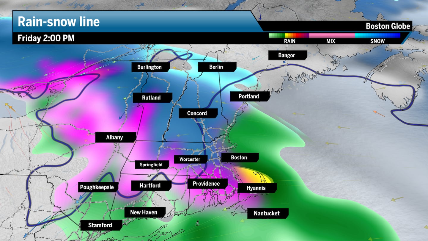 The rain-snow line as of 2 pm. on Friday.