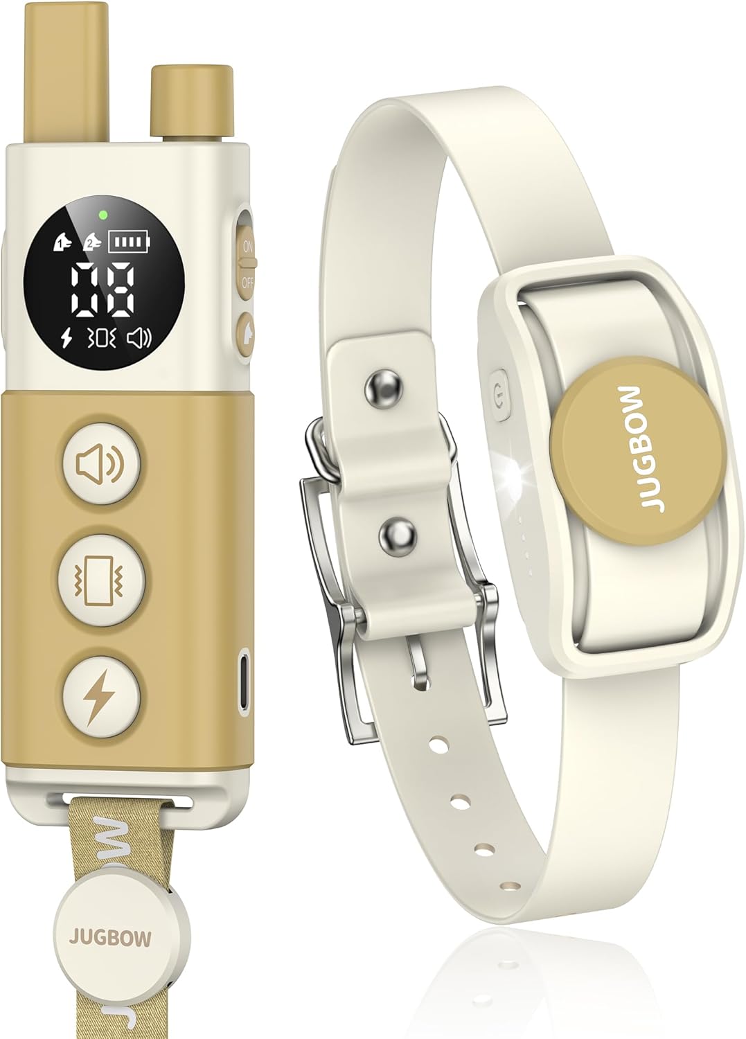 Jugbow Dog Training Collar – Electric Dog Shock Collars with Remote Control, IPXE E-Collar for Small Medium Large Dogs, Beep, Vibration, Safe Stastic, LED Light & Rechargeable (Beige)