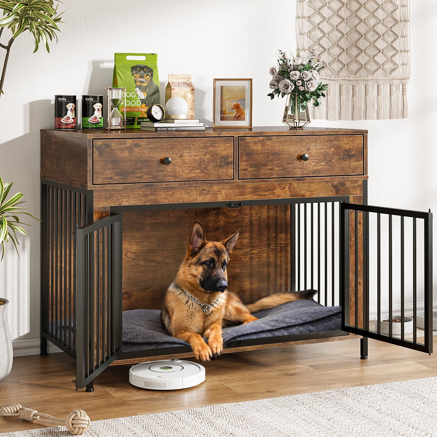 LEMBERI 44 Inch Large Dog Crate Furniture with 2 Storage Drawers, Wooden Dog Kennel Furniture as End Table, Decorative Pet Cage Dog House Indoor for Dogs, New Brown