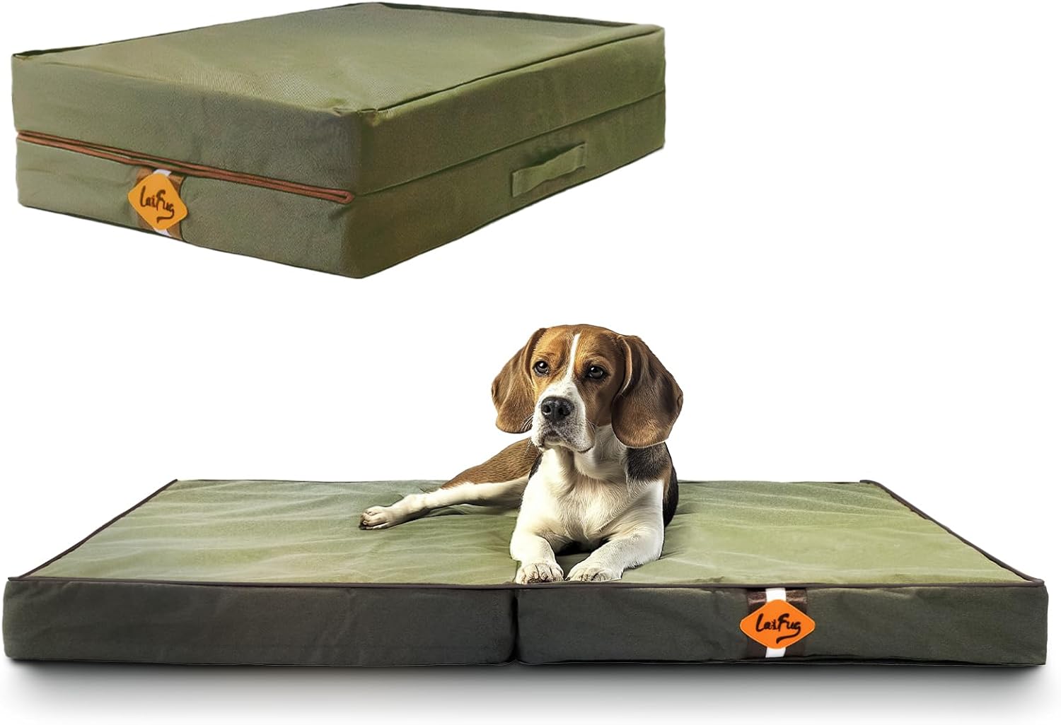 Laifug Foldable Waterproof Dog Bed for Large Dogs – Outdoor Orthopedic Dog Bed with Washable Removable Cover, Pet Mattress with Handles, Army Green, (36 x 27 x 3.5, inches)