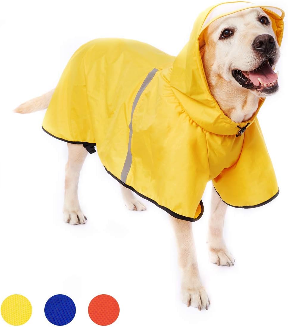 Large Dog Raincoat Jacket with Adjustable Belly Strap and Leash Hole – Hoodie with Reflective Strip – Waterproof Slicker Lightweight Breathable – Easy to Wear
