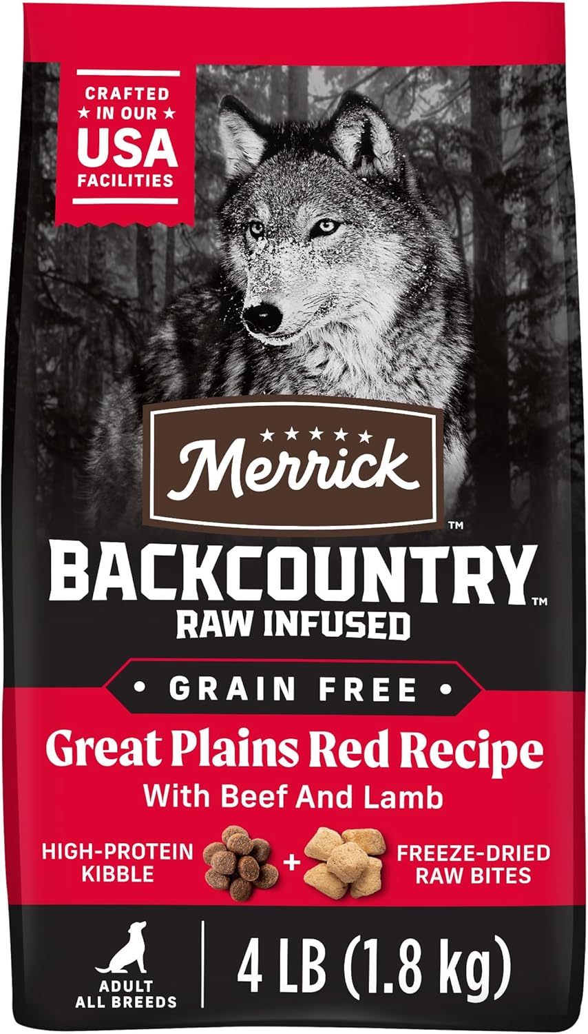 Merrick Backcountry Grain Free Dry Adult Dog Food Kibble With Freeze Dried Raw Pieces, Great Plains Red Recipe – 4.0 lb. Bag