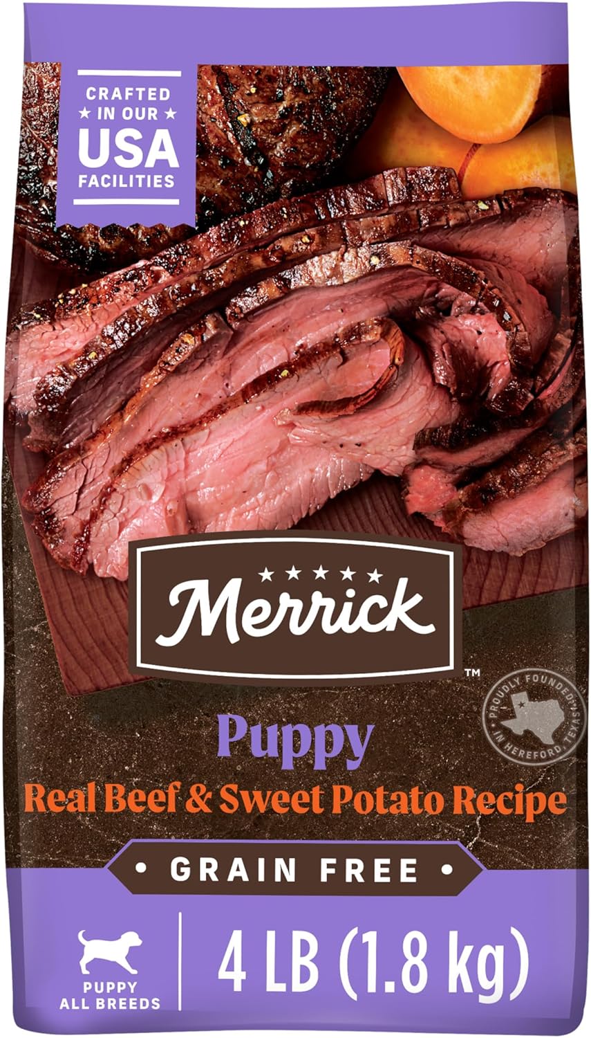 Merrick Premium Grain Free Dry Puppy Food, Wholesome And Natural Kibble With Real Texas Beef And Sweet Potato – 4.0 lb. Bag
