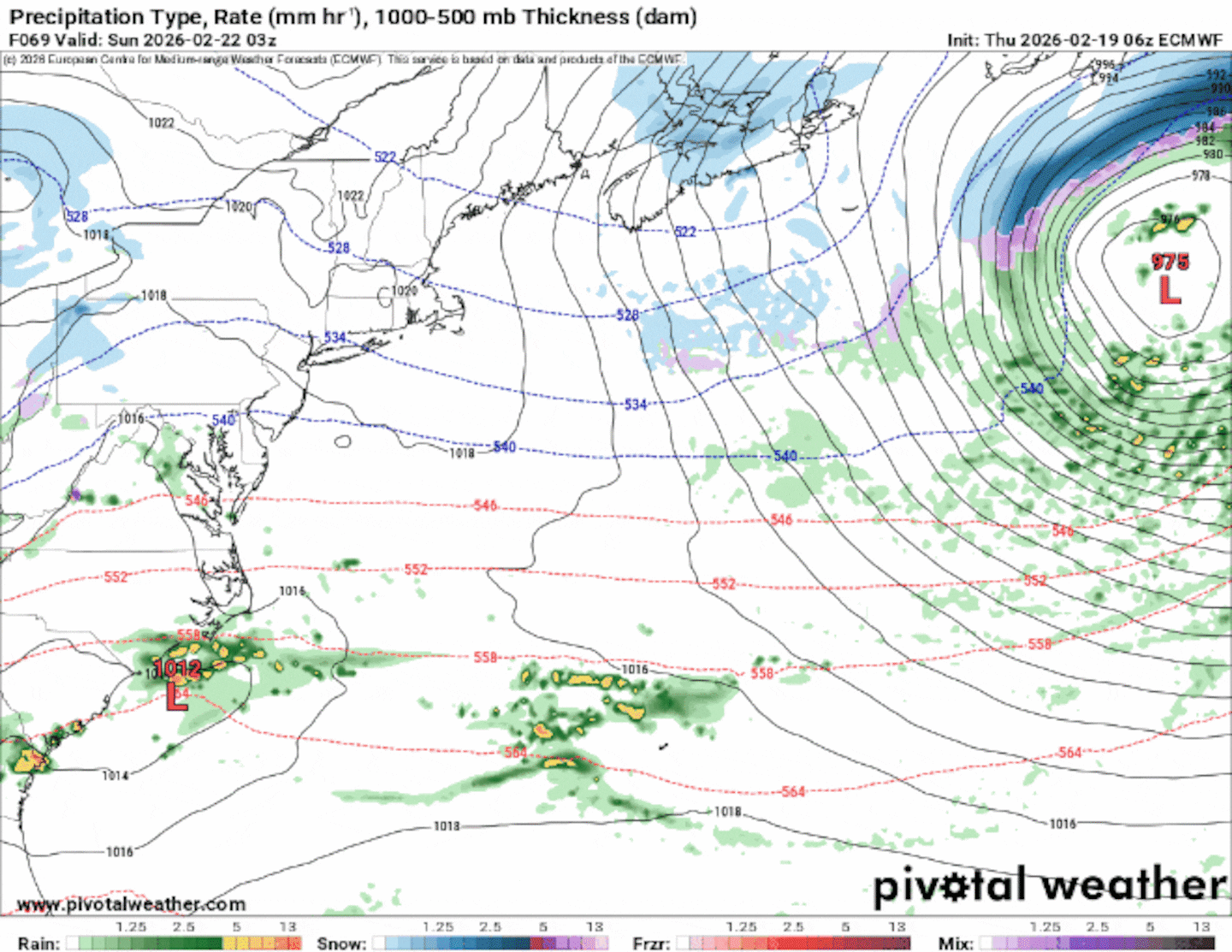 The European model shows a near complete miss of a coastal storm on Monday.